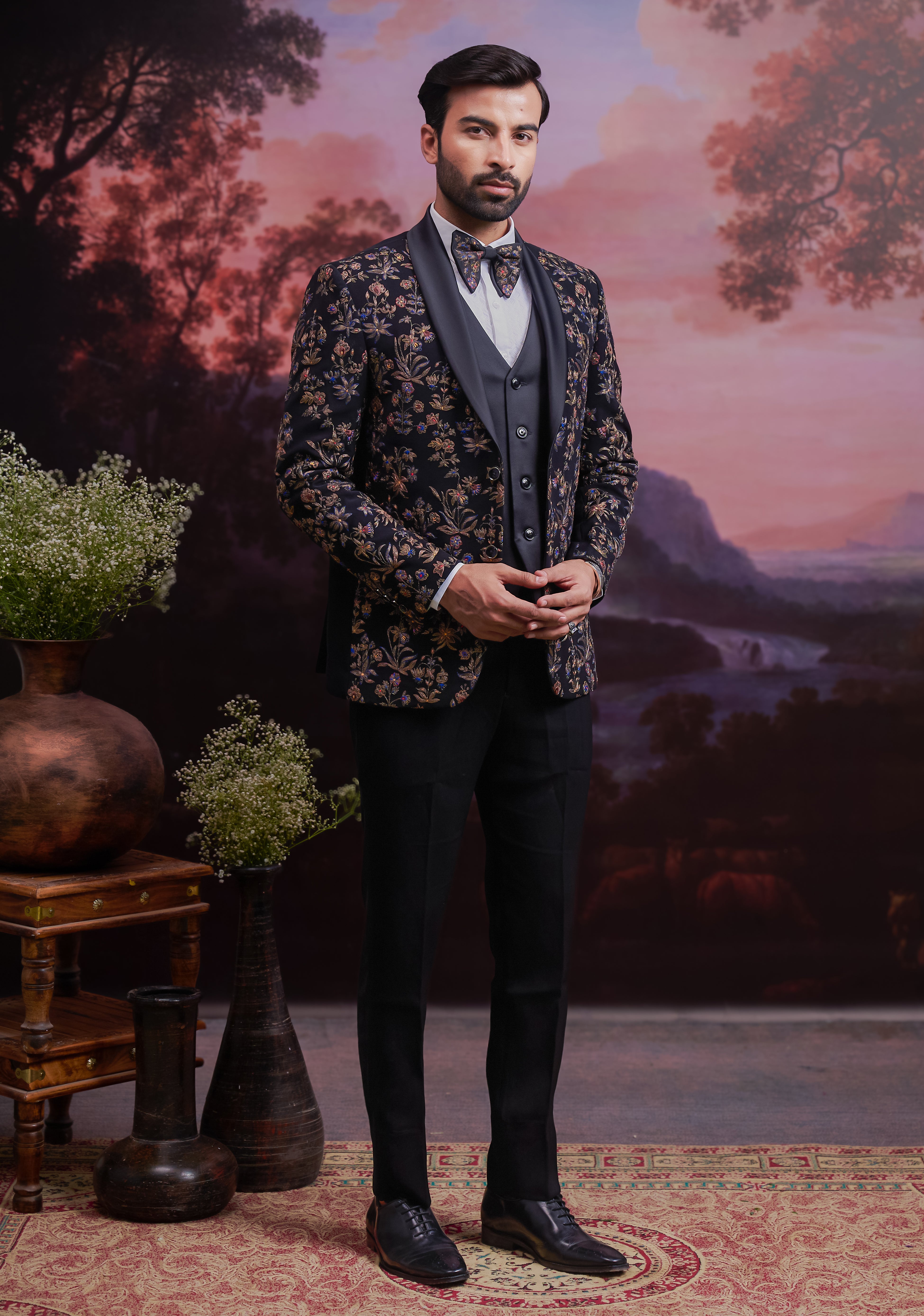 Black Embroidered Tuxedo Suit