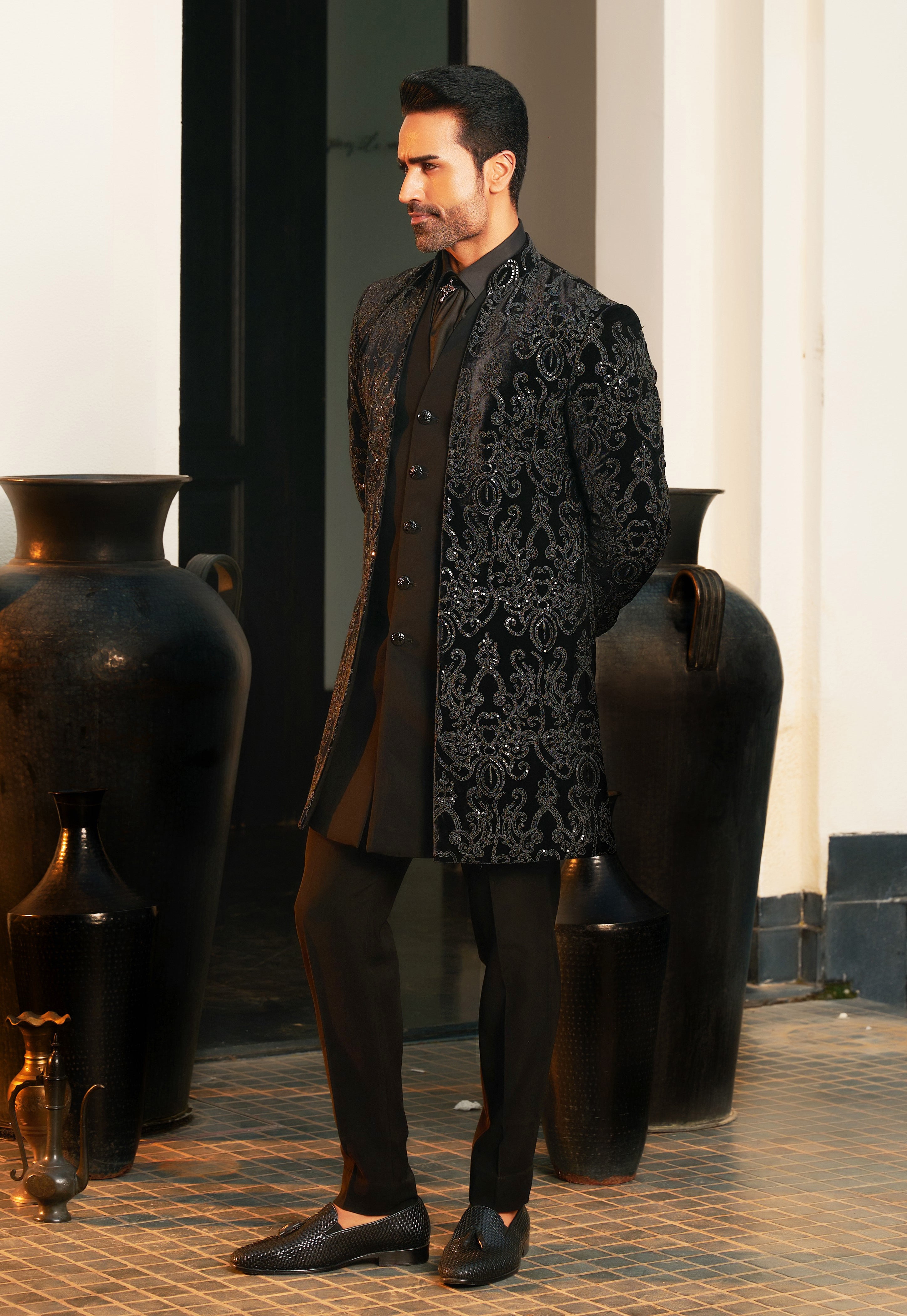 Black Velvet Indo-Western with Cravat
