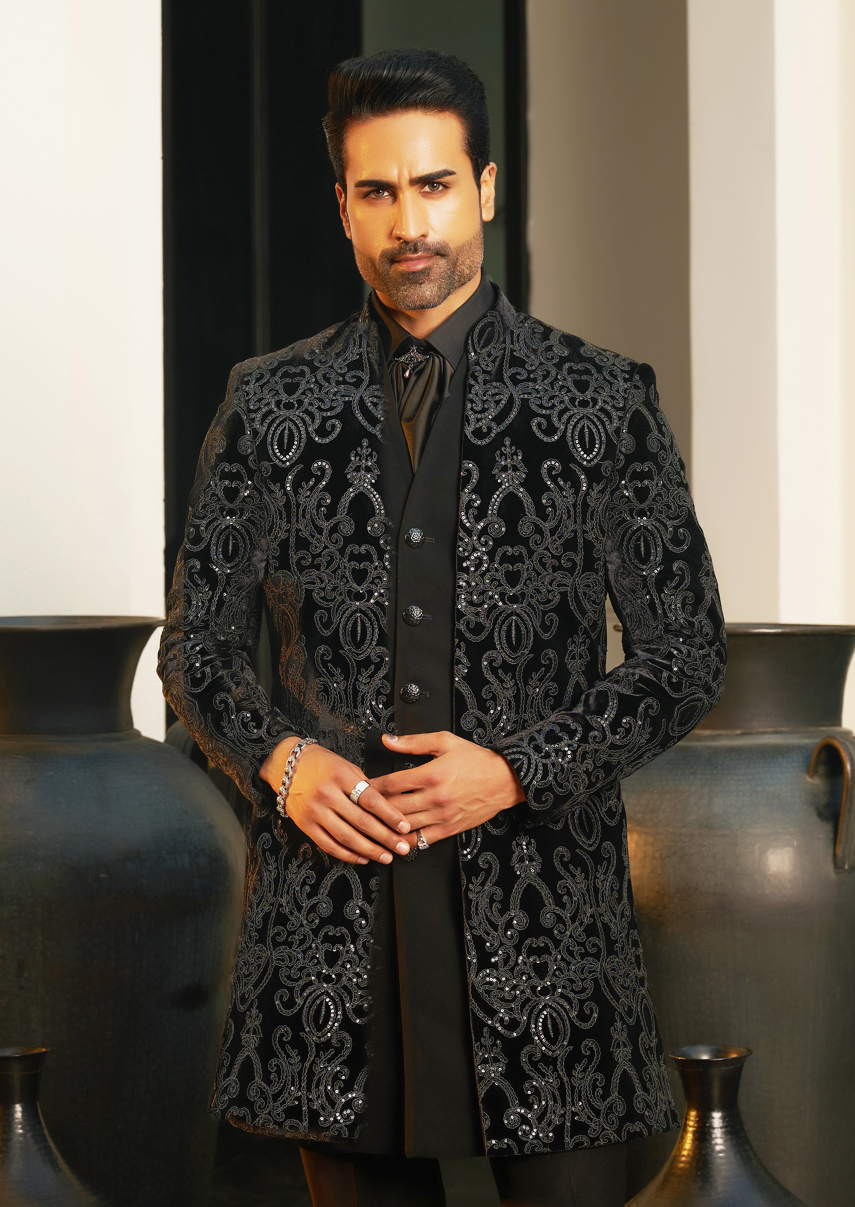 Black Velvet Indo-Western with Cravat