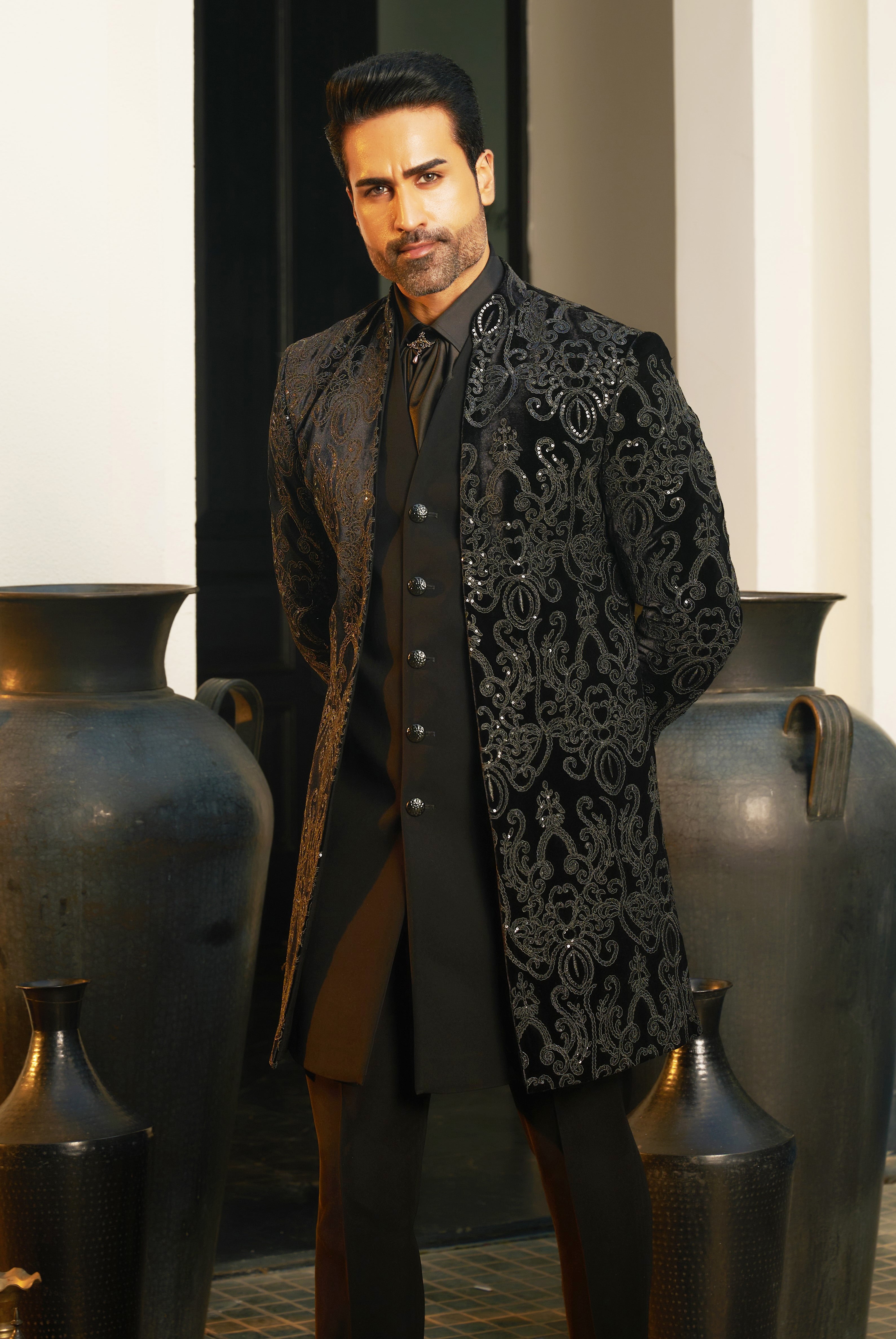 Black Velvet Indo-Western with Cravat