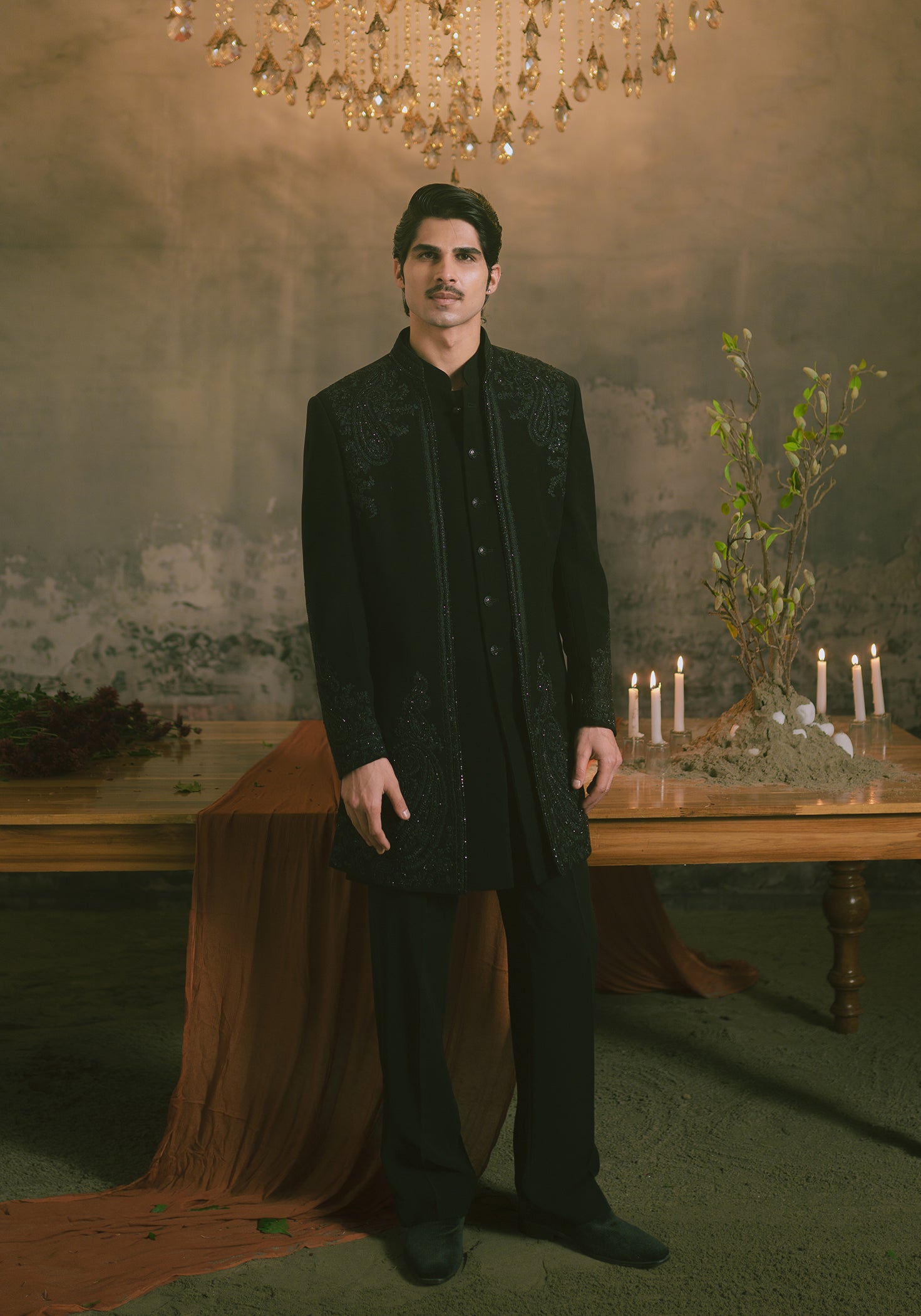 Black Indowestern with Tonal Paisley Embroidery