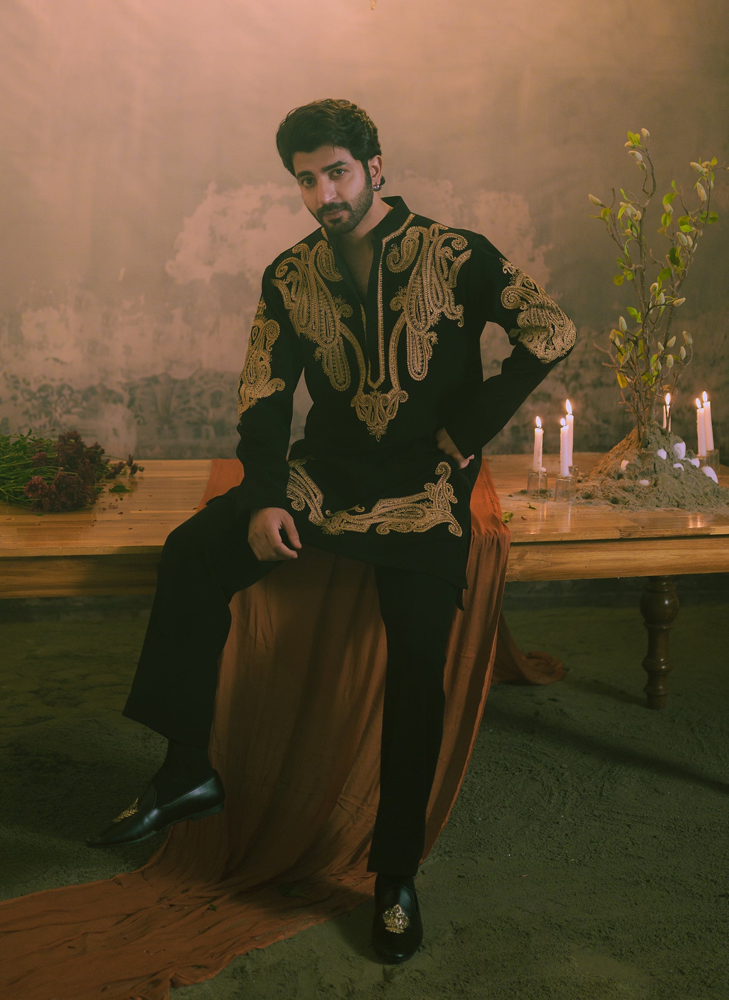 Black Kurta with Trousers | Zardozi & Kirandori Hand Embroidery