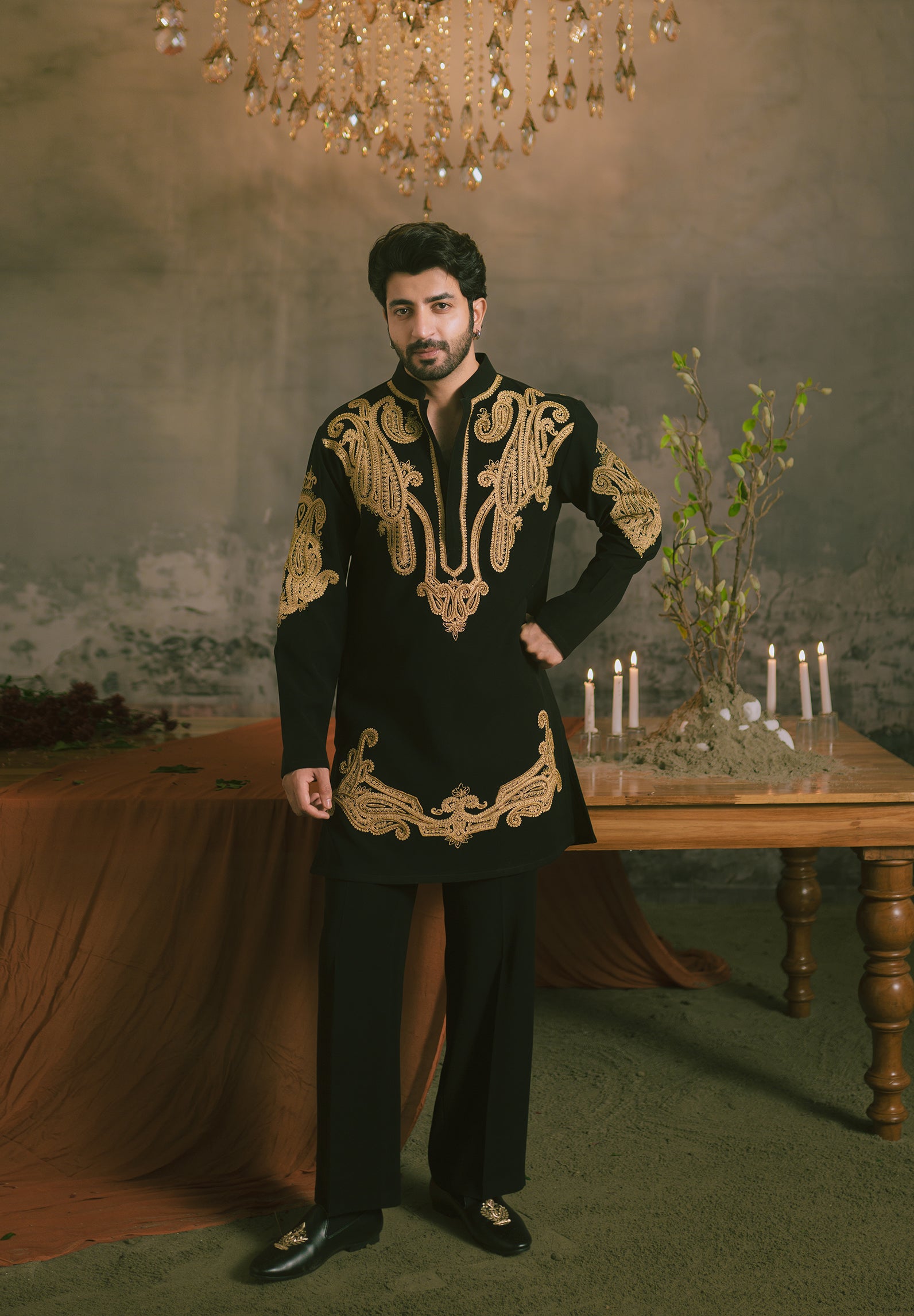 Black Kurta with Trousers | Zardozi & Kirandori Hand Embroidery