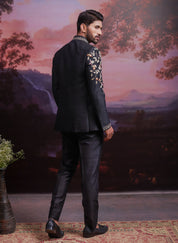Black Raw Silk Embroidered Open Bandhgala