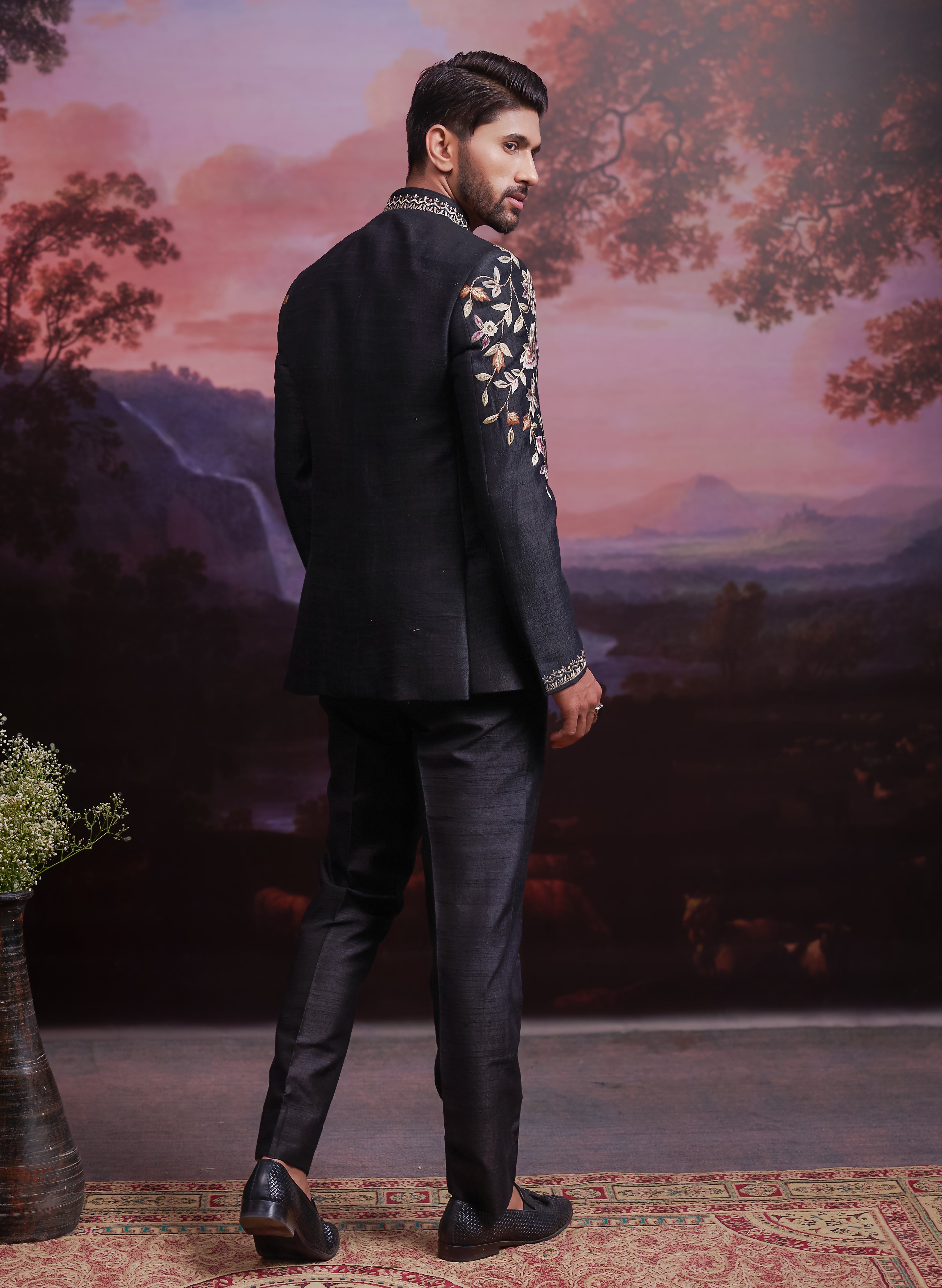 Black Raw Silk Embroidered Open Bandhgala