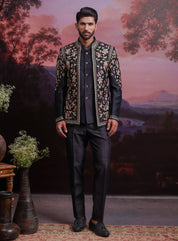 Black Raw Silk Embroidered Open Bandhgala