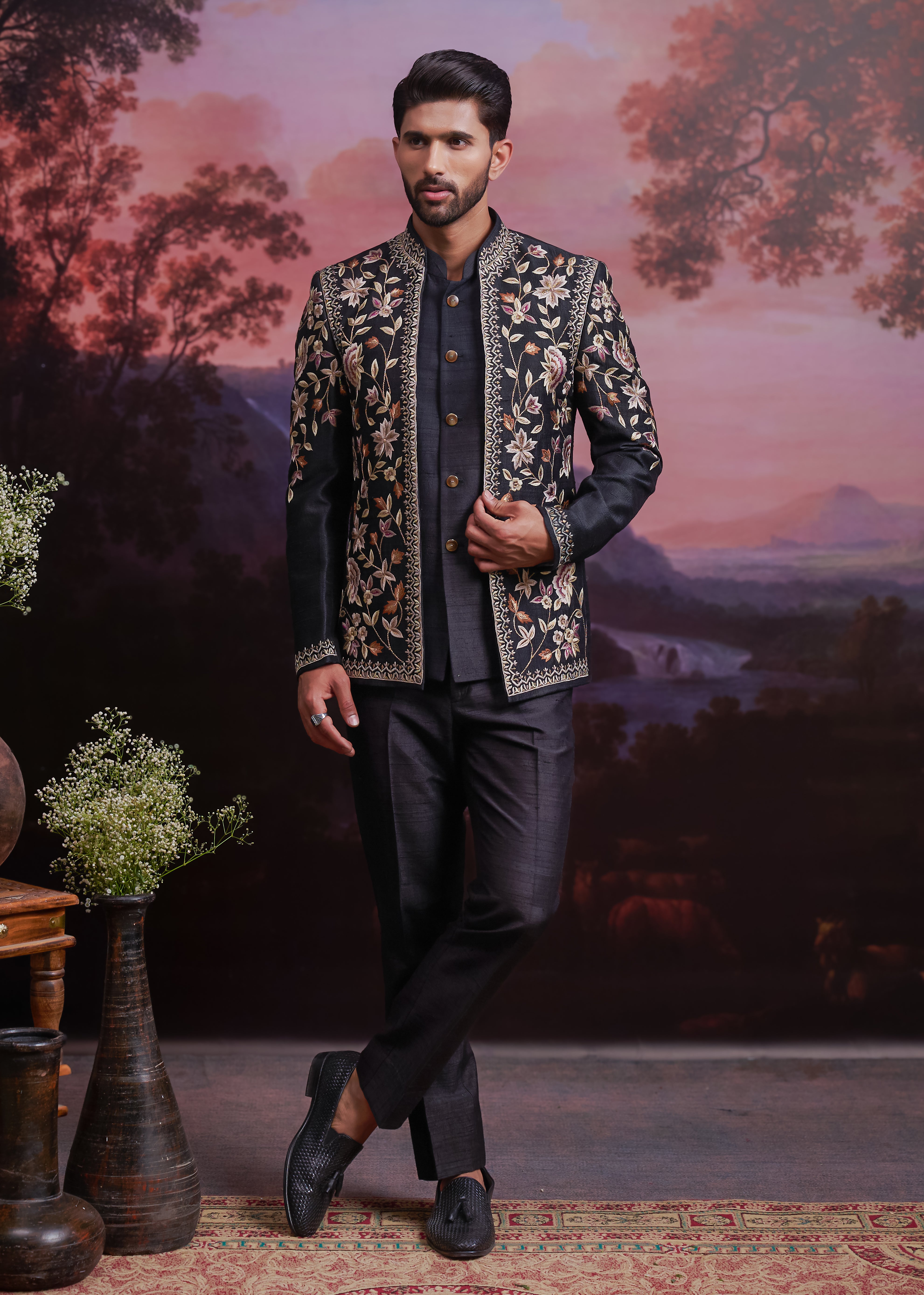 Black Raw Silk Embroidered Open Bandhgala