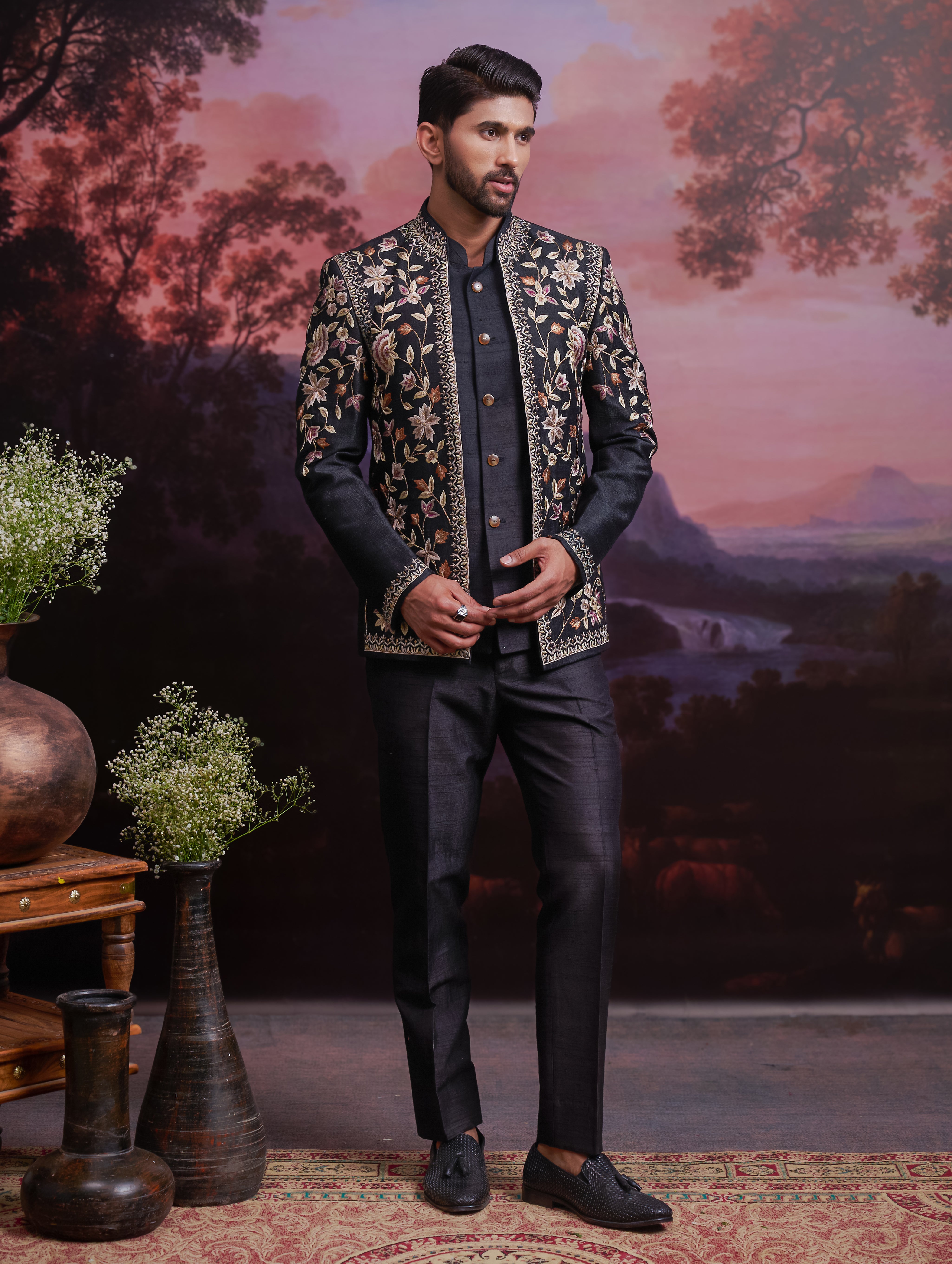 Black Raw Silk Embroidered Open Bandhgala
