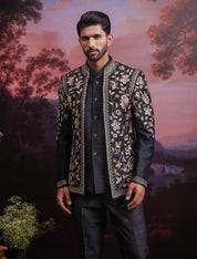 Black Raw Silk Embroidered Open Bandhgala