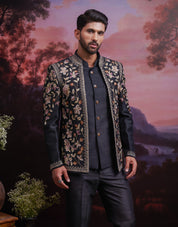 Black Raw Silk Embroidered Open Bandhgala
