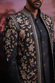 Black Raw Silk Embroidered Open Bandhgala