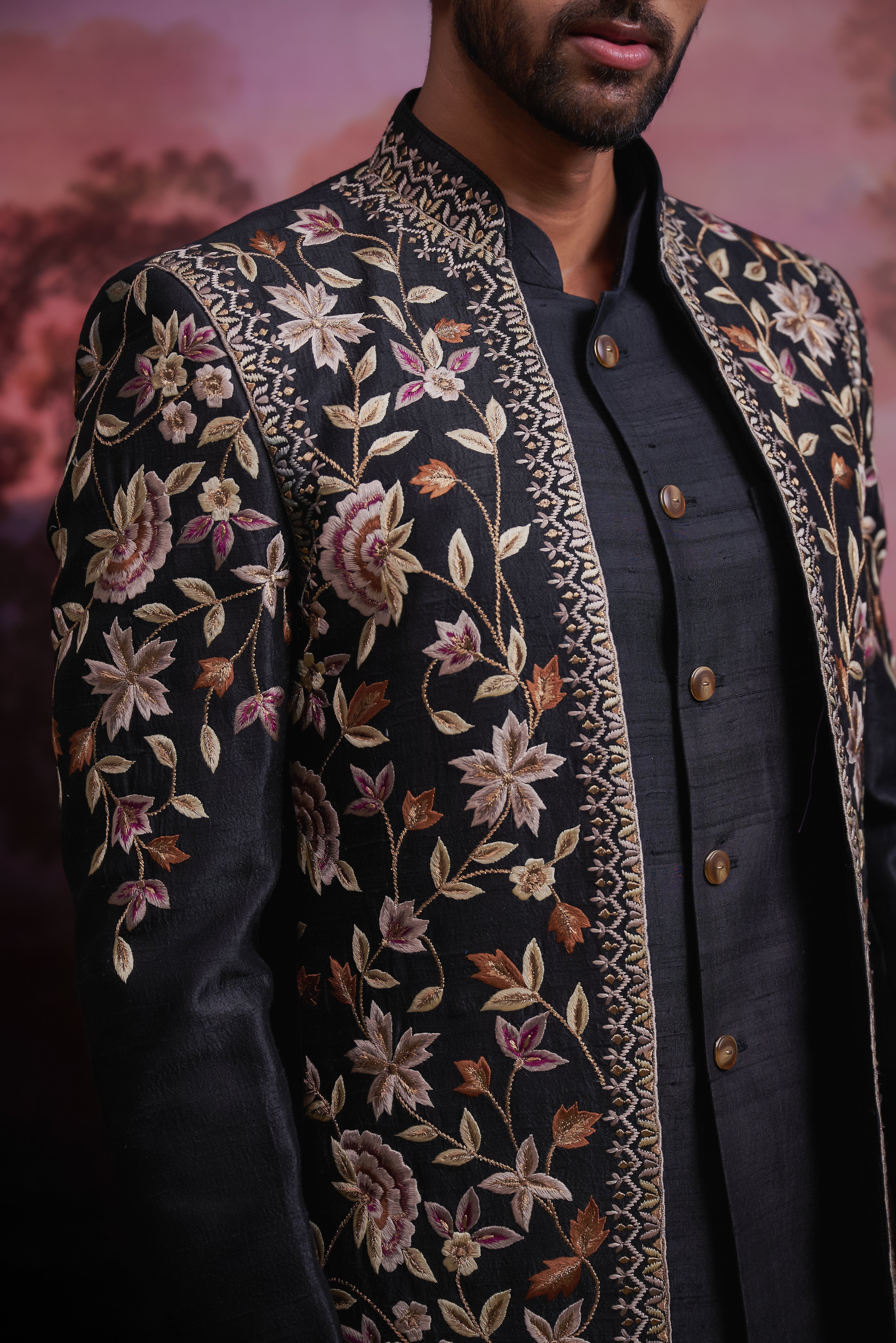 Black Raw Silk Embroidered Open Bandhgala