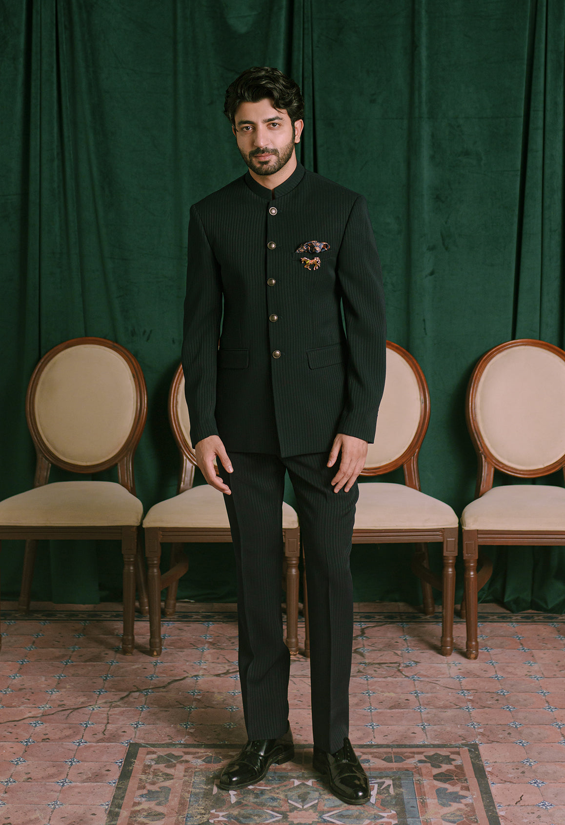Black Striped Bandhgala Suit