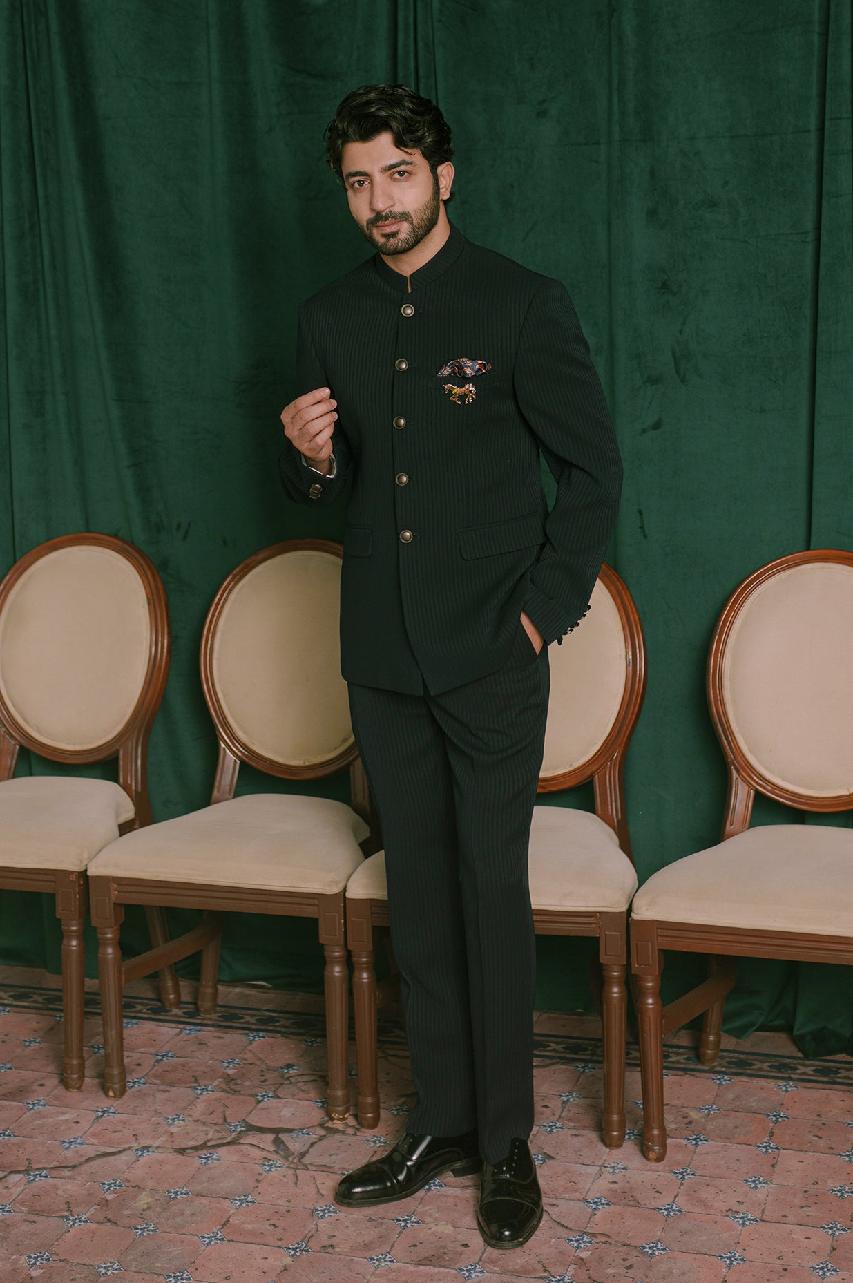 Black Striped Bandhgala Suit