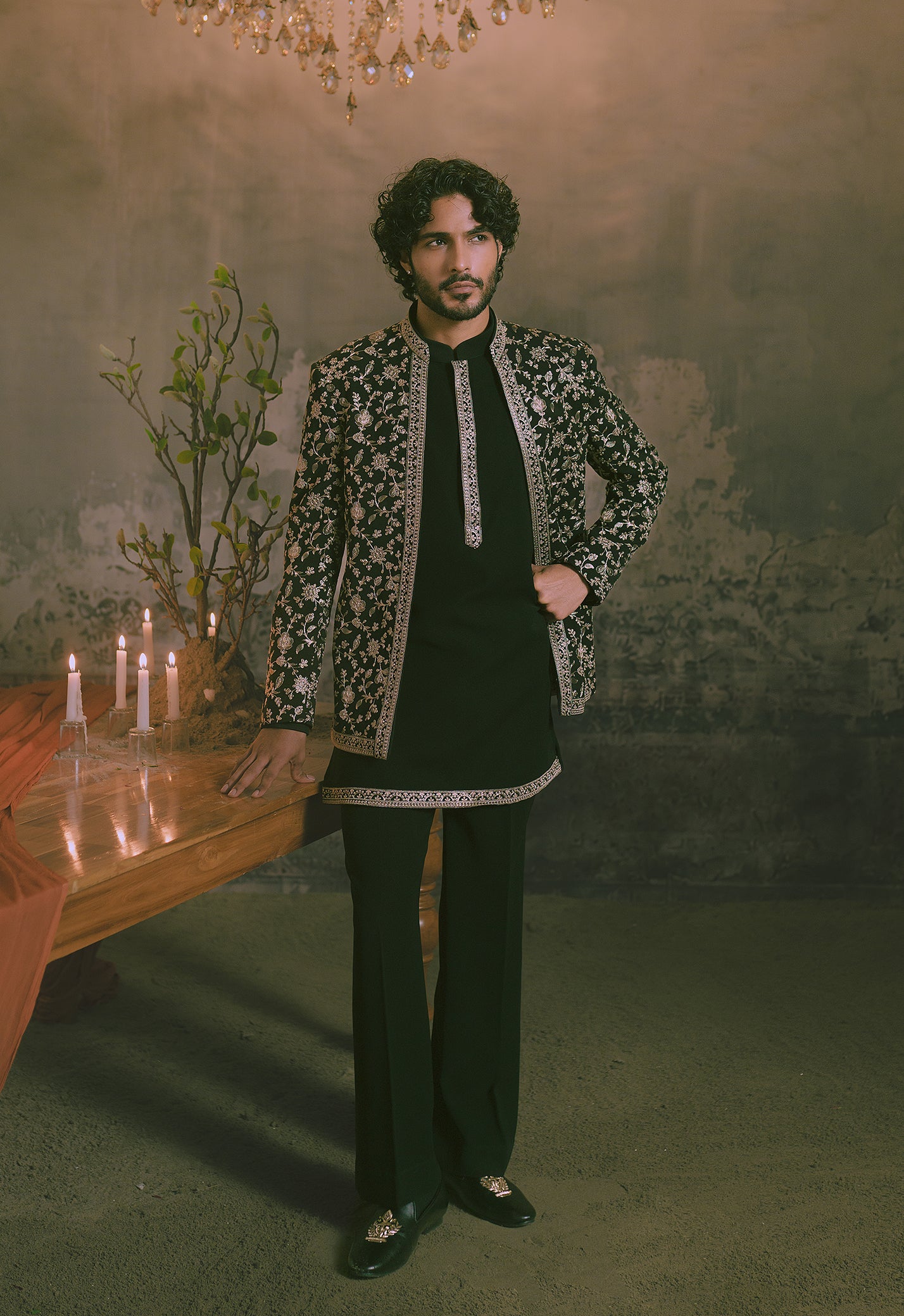 Black Three Piece Embroidered Indo-Western