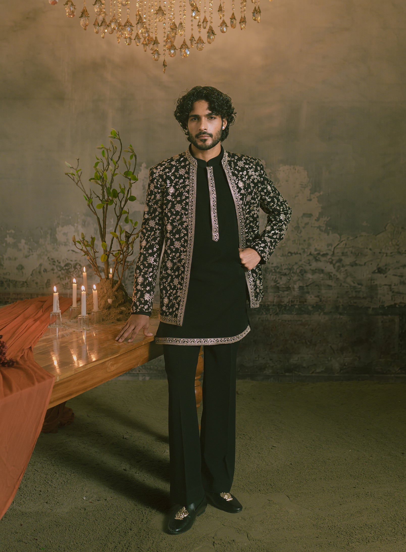 Black Three Piece Embroidered Indo-Western