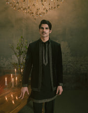 Black Velvet Bandhgala Suit with Kurta
