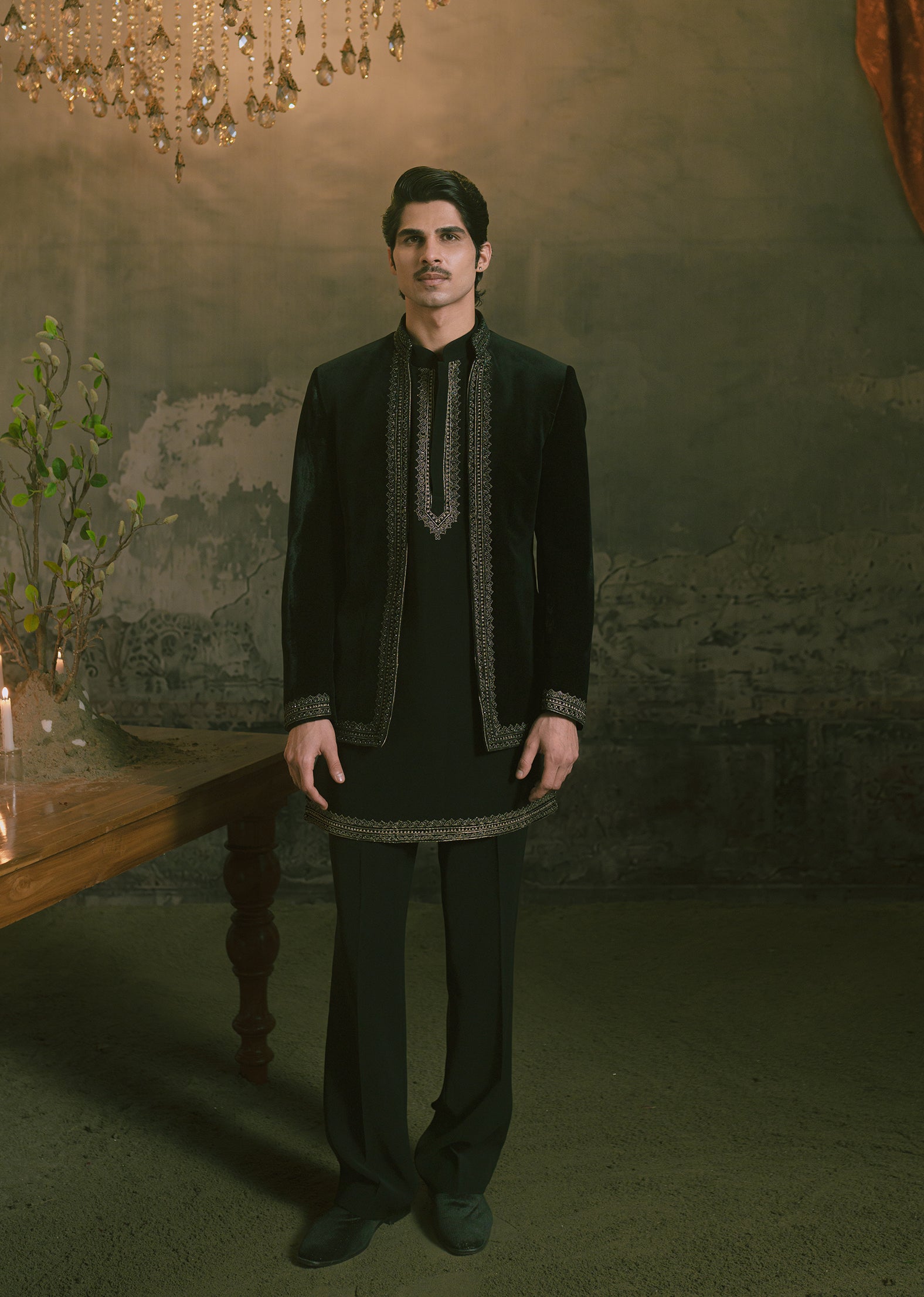 Black Velvet Bandhgala Suit with Kurta