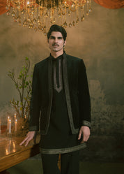 Black Velvet Bandhgala Suit with Kurta