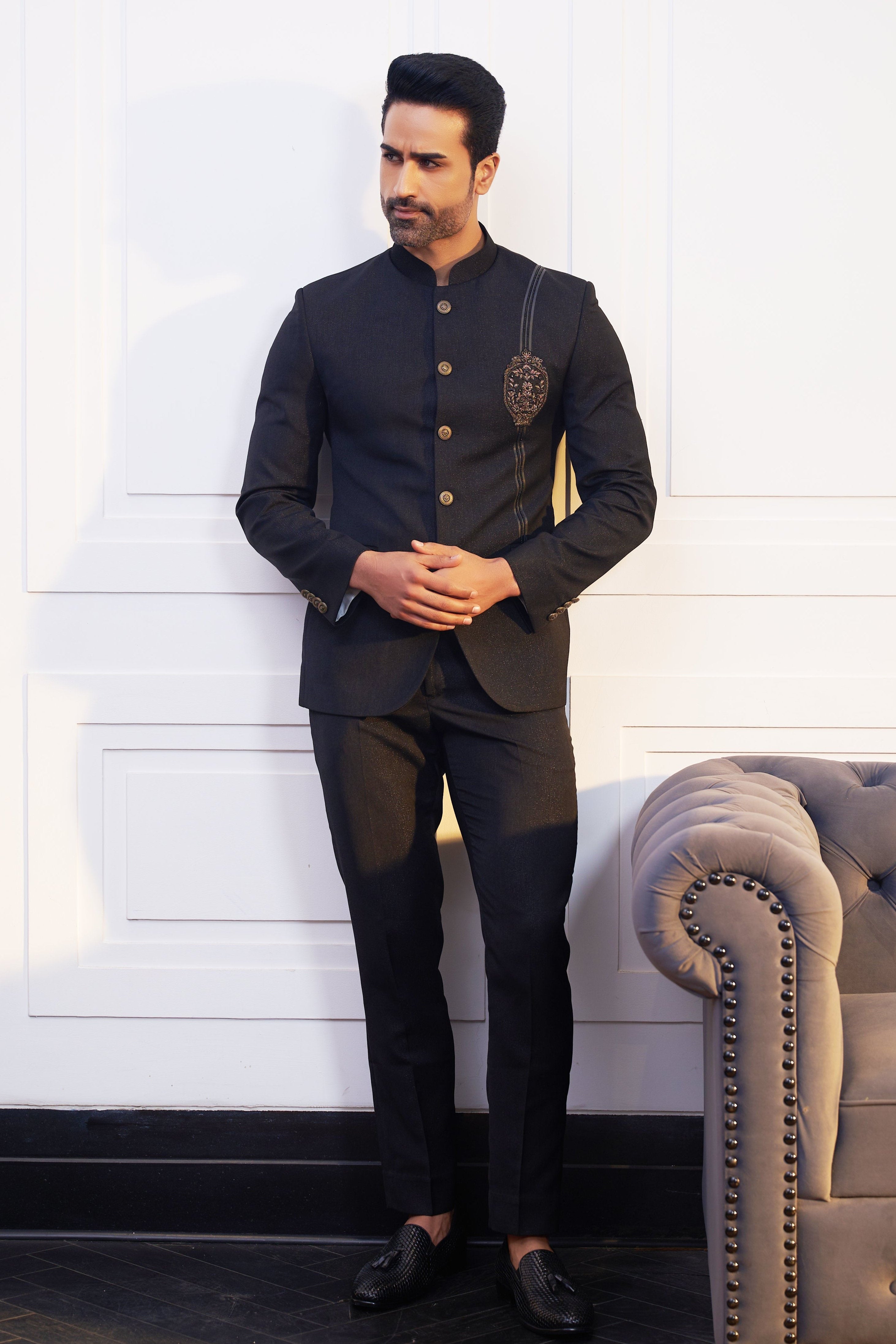 Stylish Black Bandhgala with Designer Patch, Perfect for Weddings and Formal Occasions
