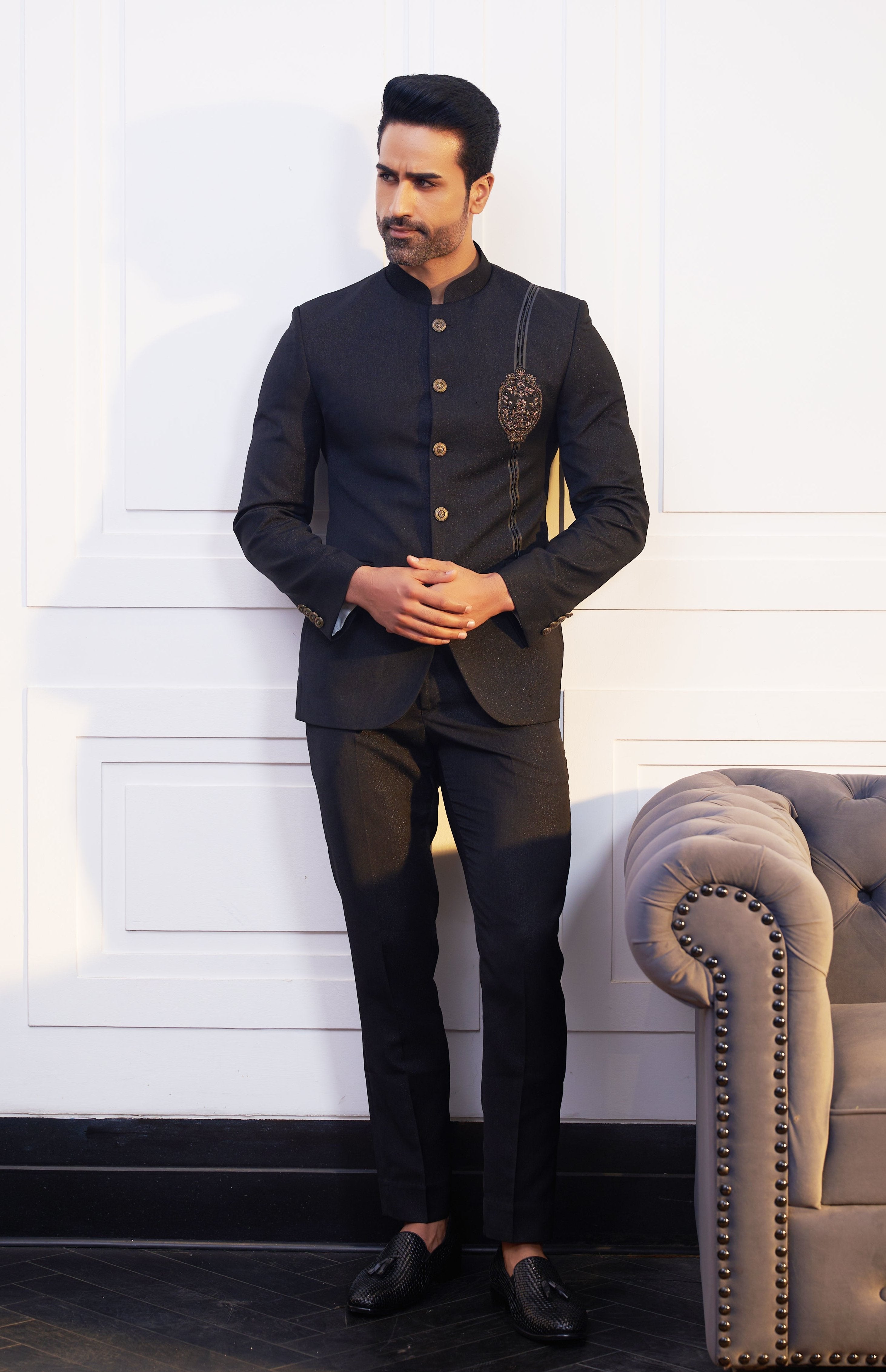 Stylish Black Bandhgala with Designer Patch, Perfect for Weddings and Formal Occasions
