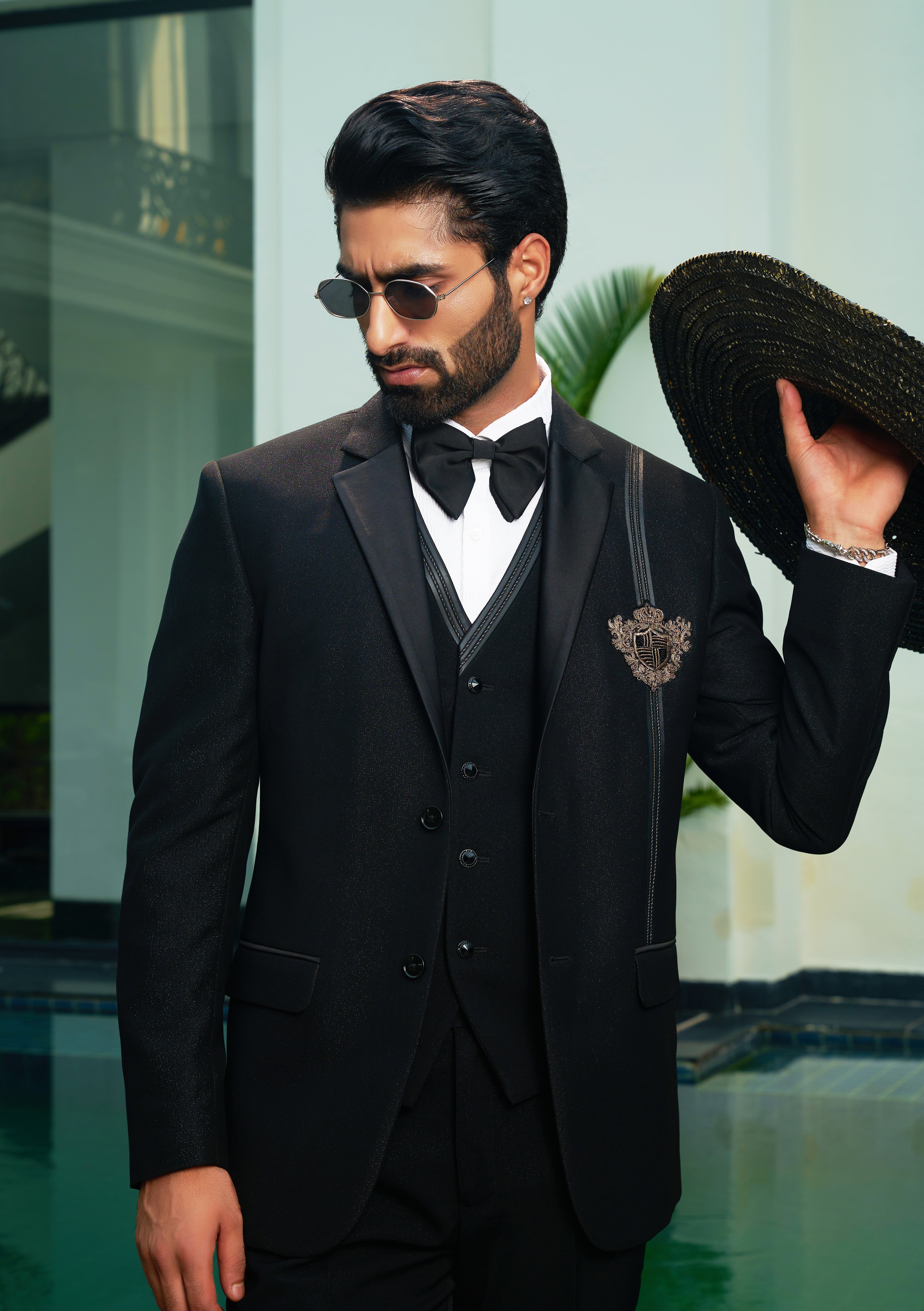 Stylish Black Embroidered Suit with Patch, Perfect for Weddings and Formal Occasions
