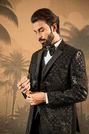 Stylish Black Tuxedo with Embroidered Detailing - Perfect for Black-Tie Events

