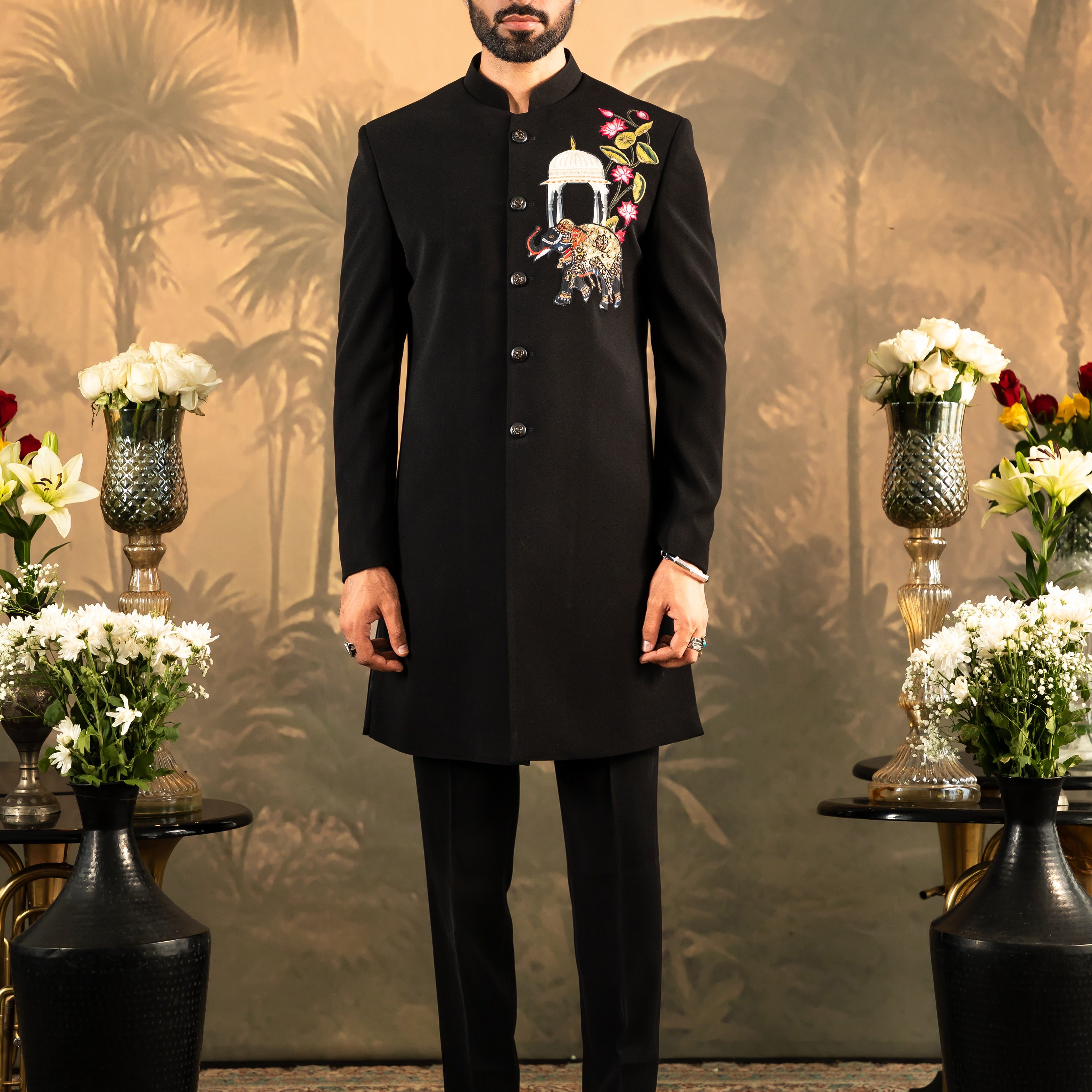 Men's Black Indo-Western with Embroidered Motif - Modern Indian Fusion Wear

