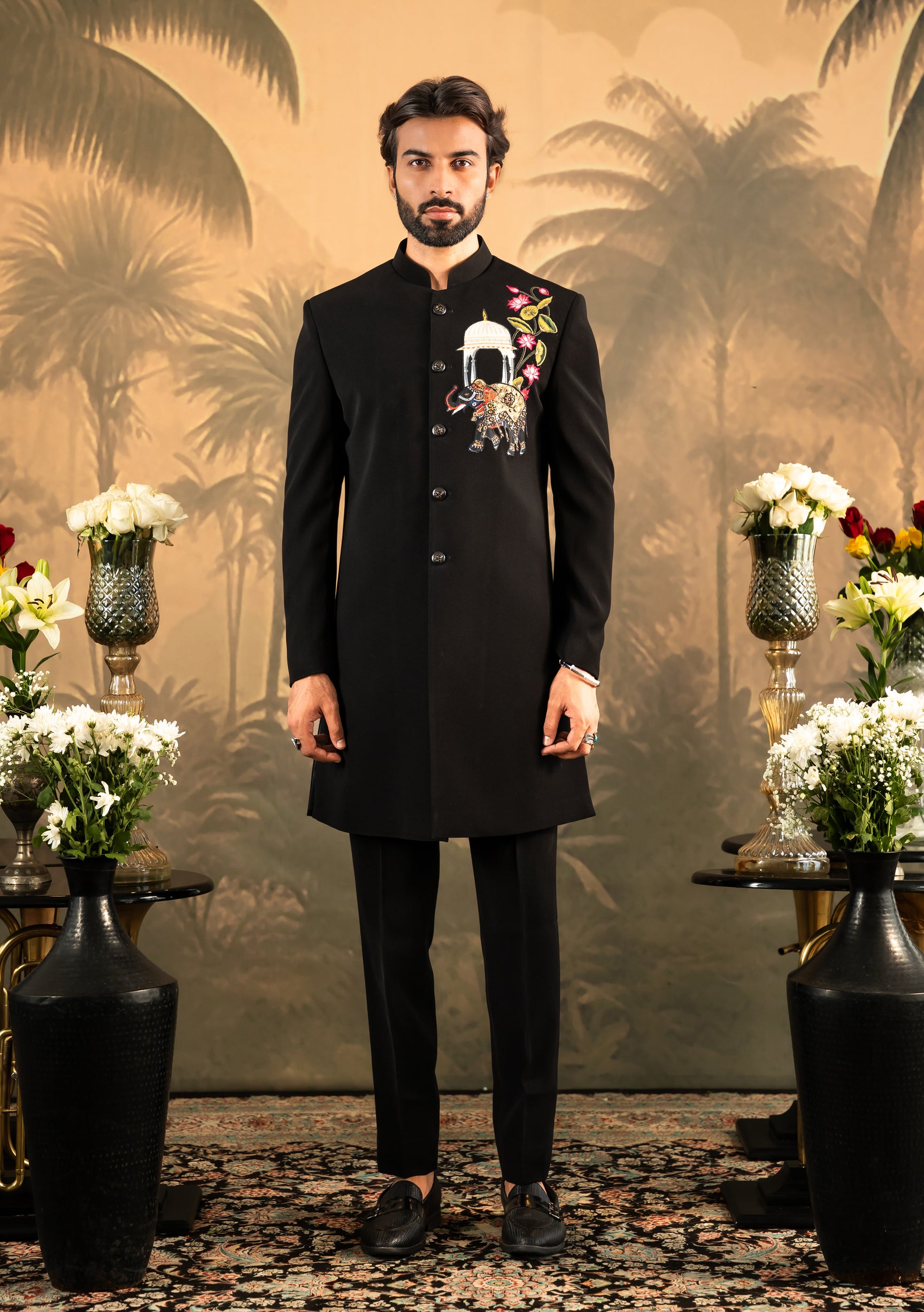 Black Indo Western Set For Men With Nawabi Brooch And Embroidery main image 0