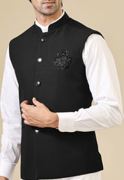 Black Jacket with Hand Embroidered Motif - Designer Wear

