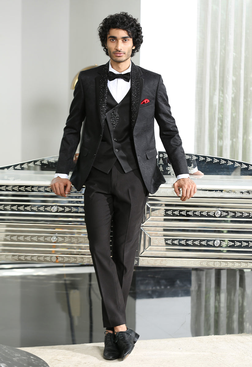 Elegant Black Jacquard Designer Suit - High-End Fashion
