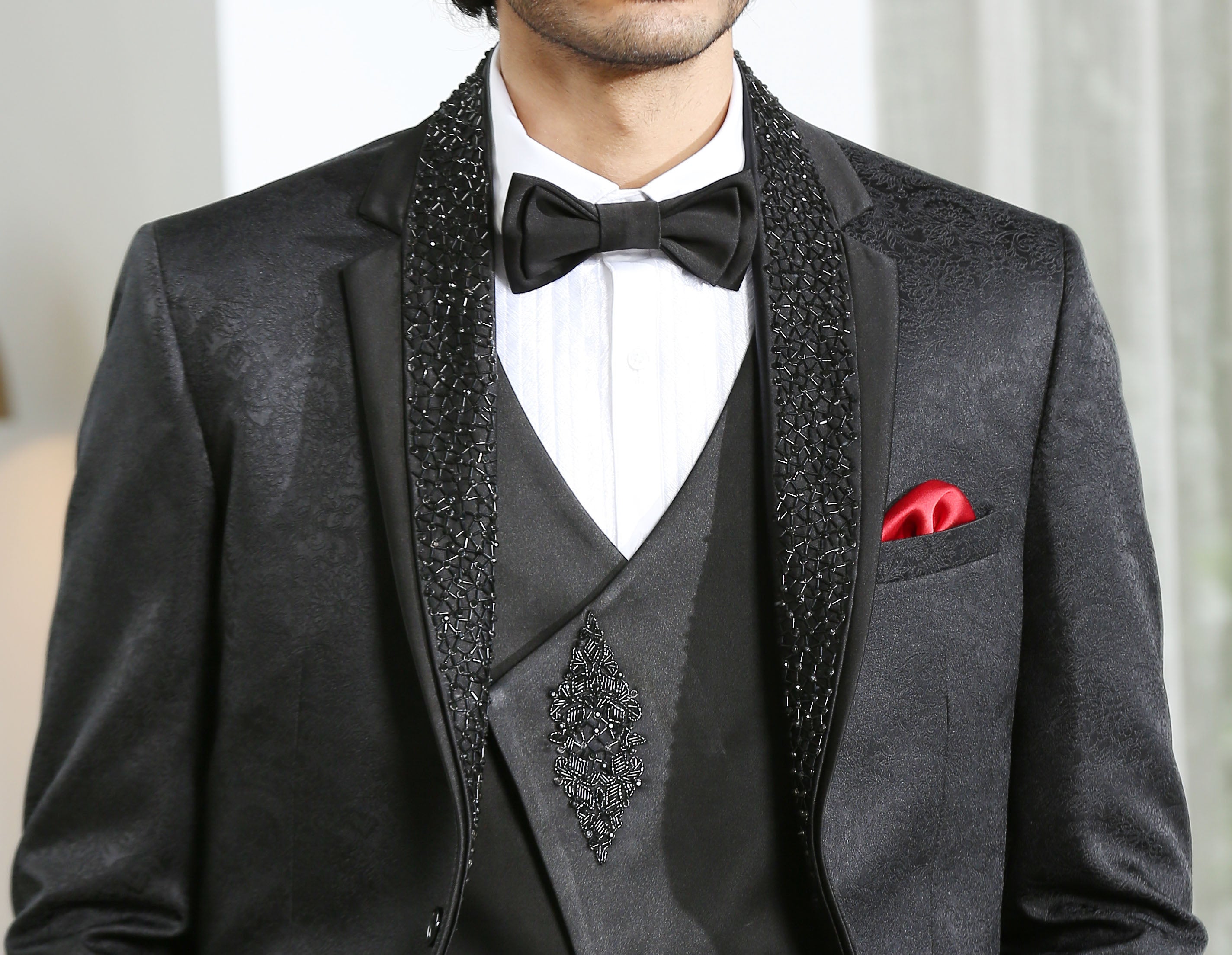 Stylish Black Jacquard Suit with Embroidered Detailing - Perfect for Weddings and Formal Occasions
