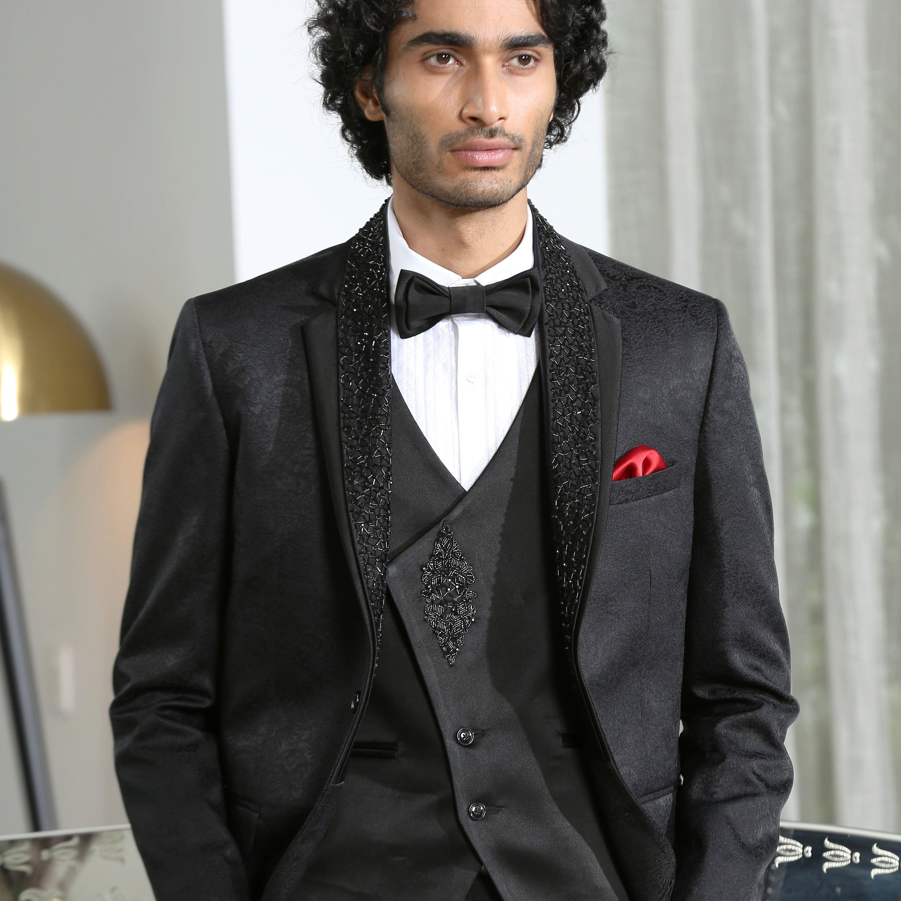 Men's Black Jacquard Designer Suit with Embroidery - Luxury Formal Wear

