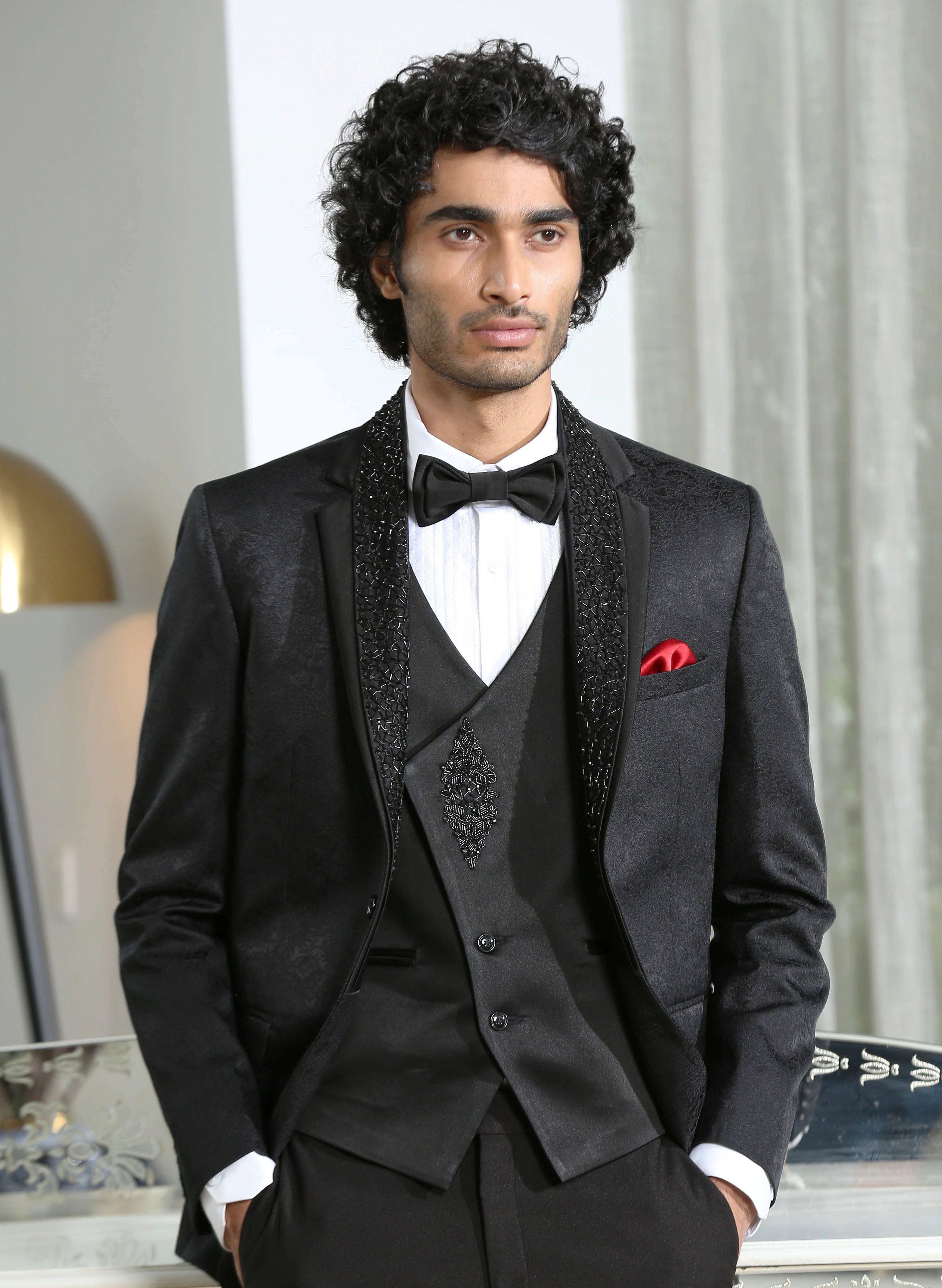 Men's Black Jacquard Designer Suit with Embroidery - Luxury Formal Wear

