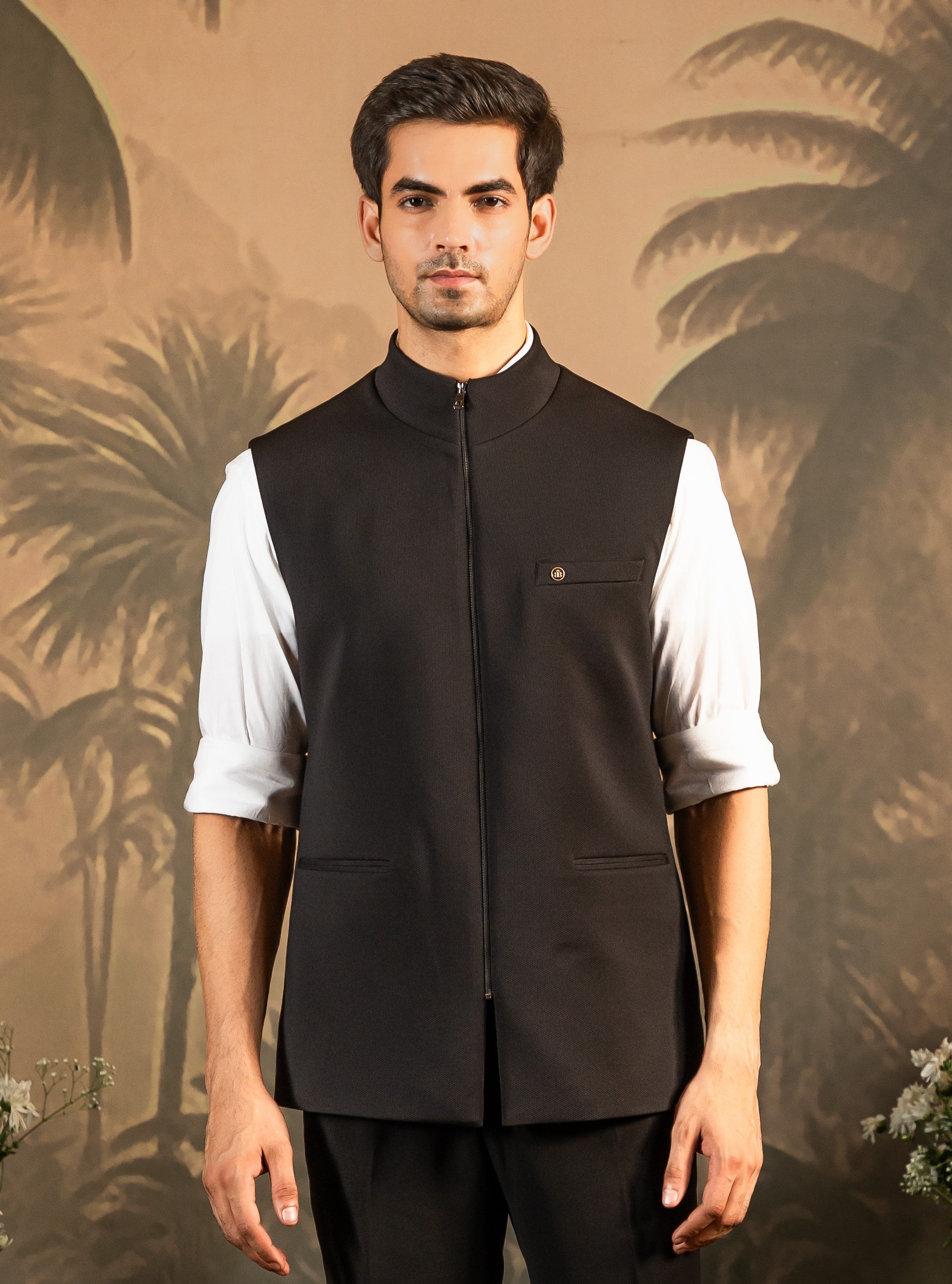 Men's Black Textured Zipper Nehru Jacket - Modern Indian Attire

