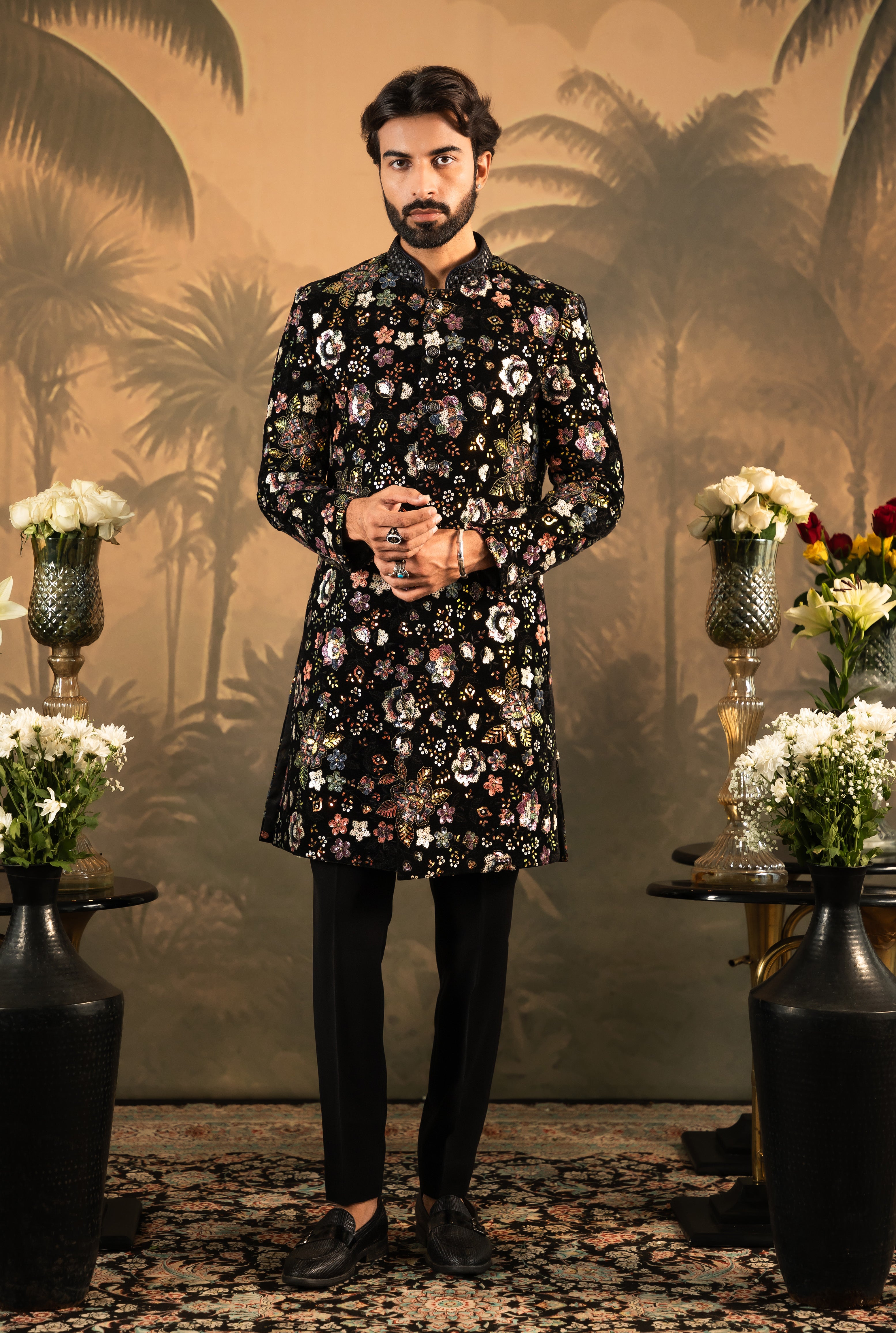 Men's Black Velvet Indo-Western with Sequin Work - Luxury Indian Fusion Wear


