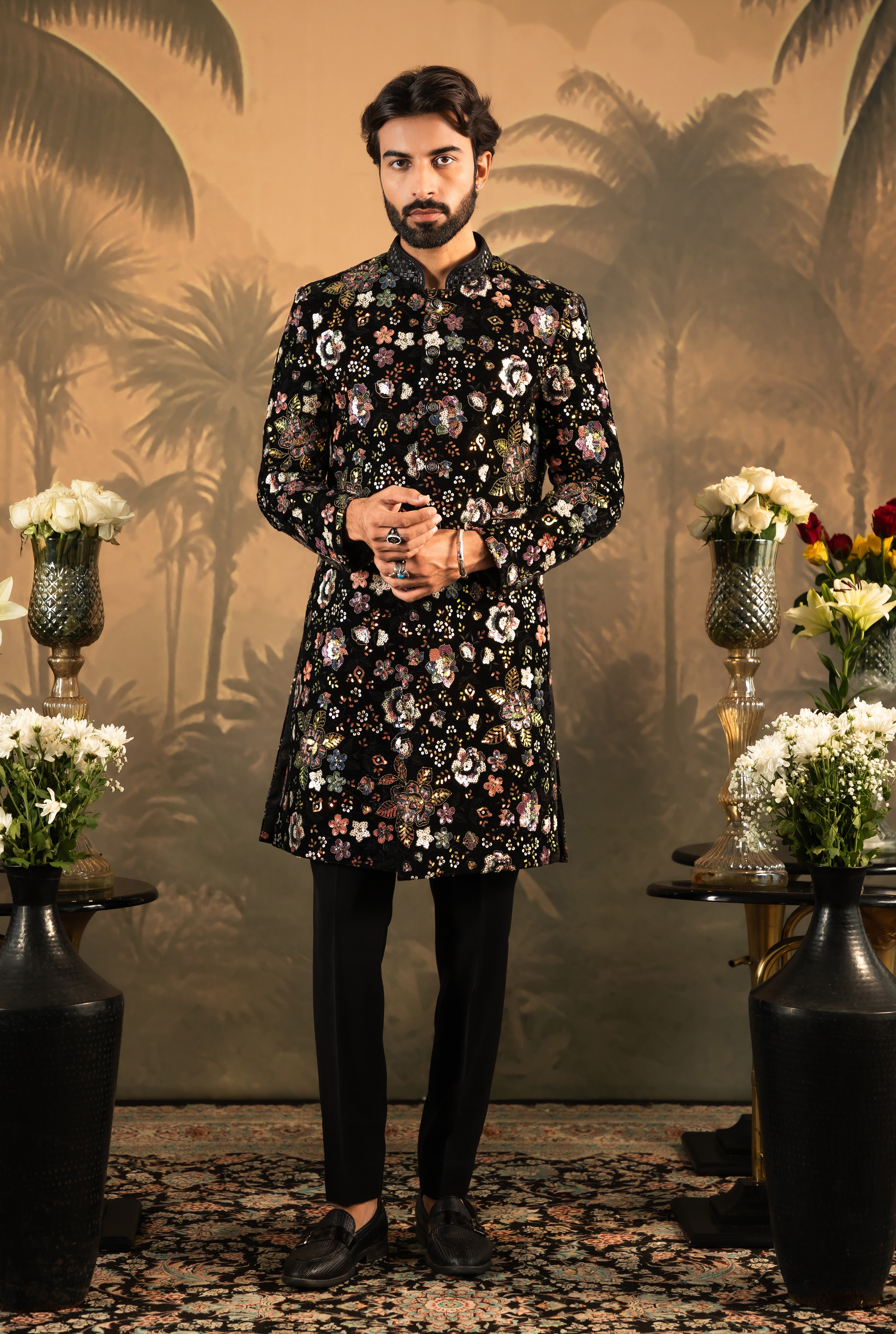 Men's Black Velvet Indo-Western with Sequin Work - Luxury Indian Fusion Wear

