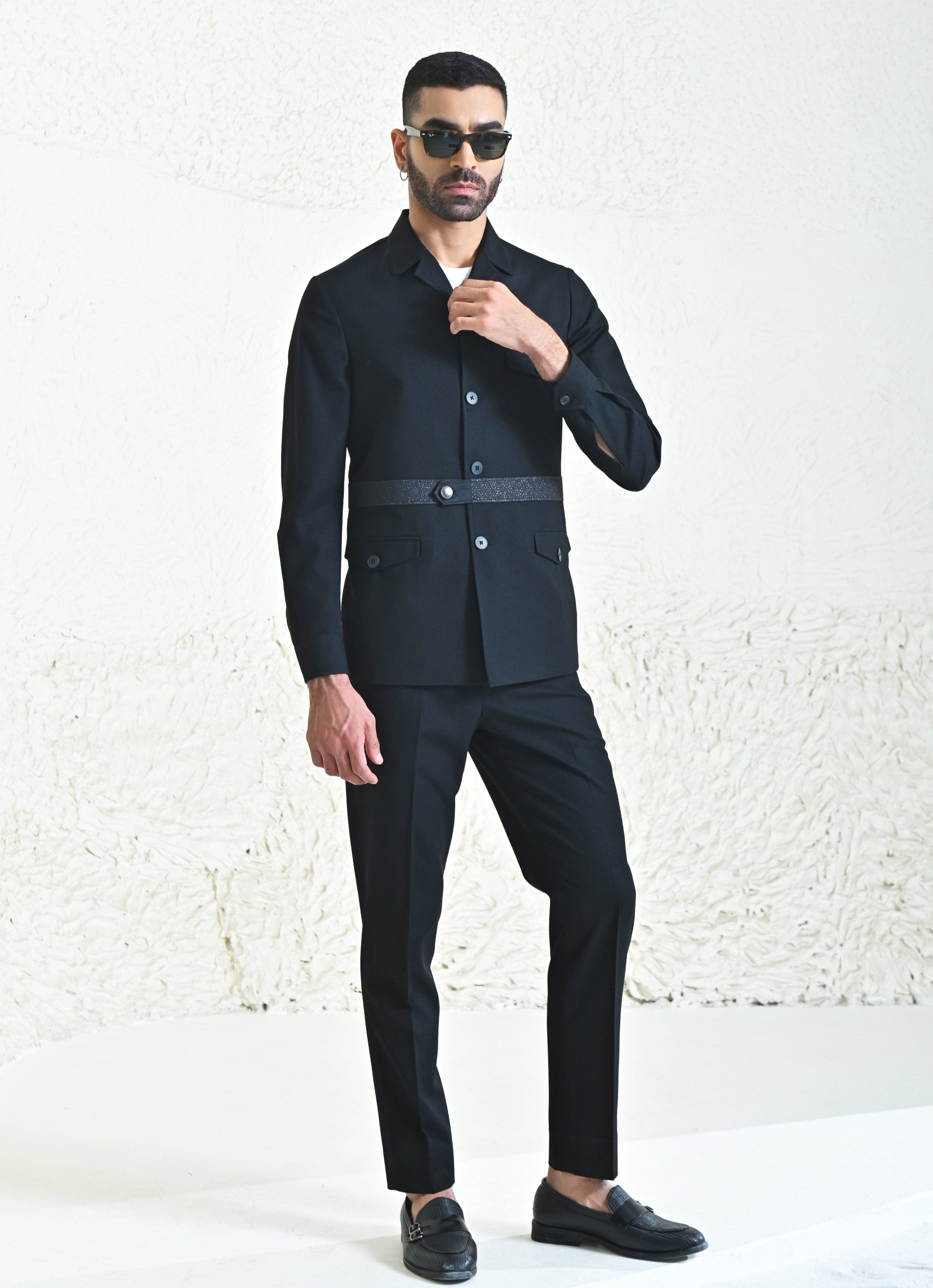 Men's Black Co-ord Set with Belt - Modern Fashion