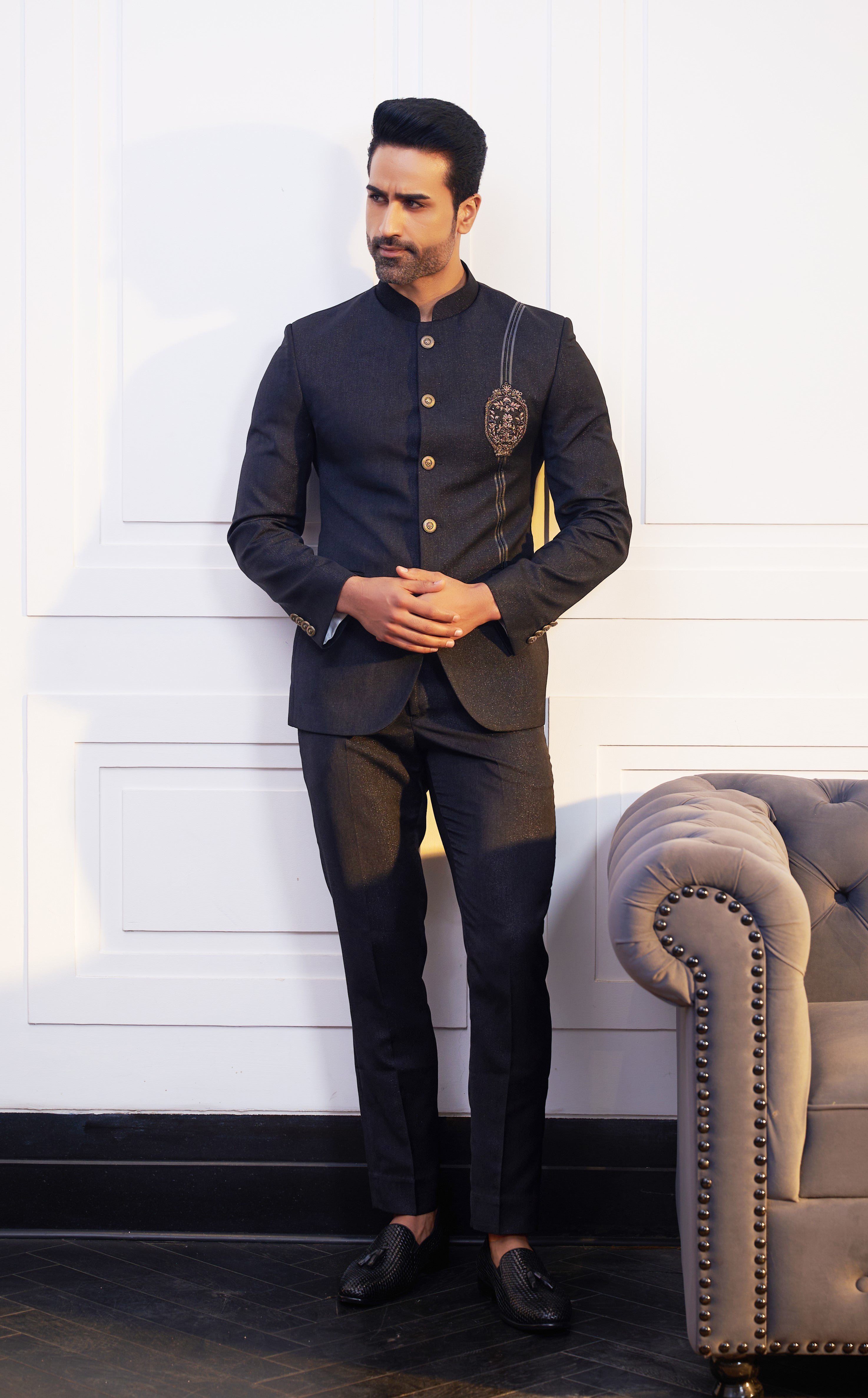 Black Bandhgala with Designer Patch