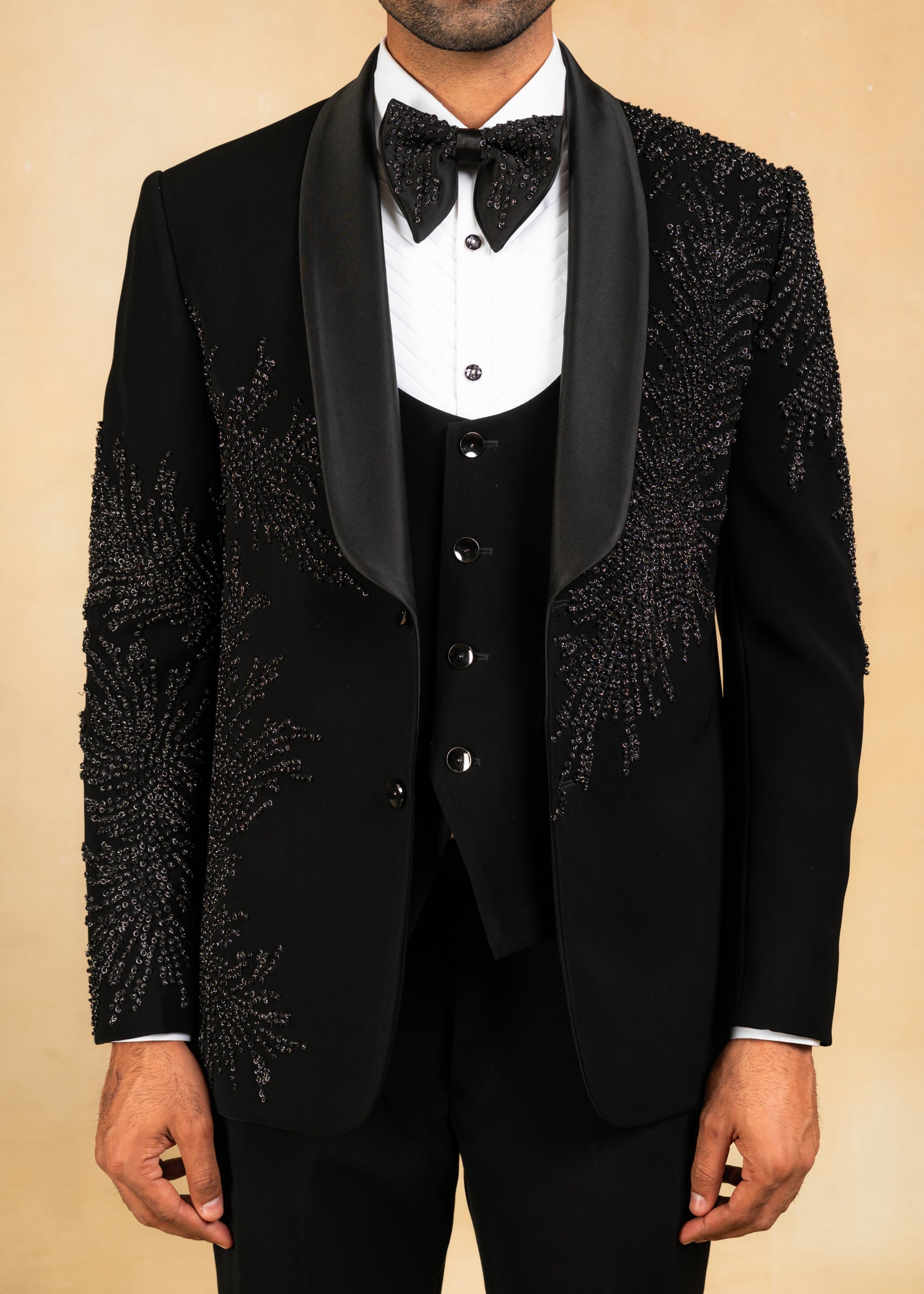 Black hand embroidered tuxedo suit