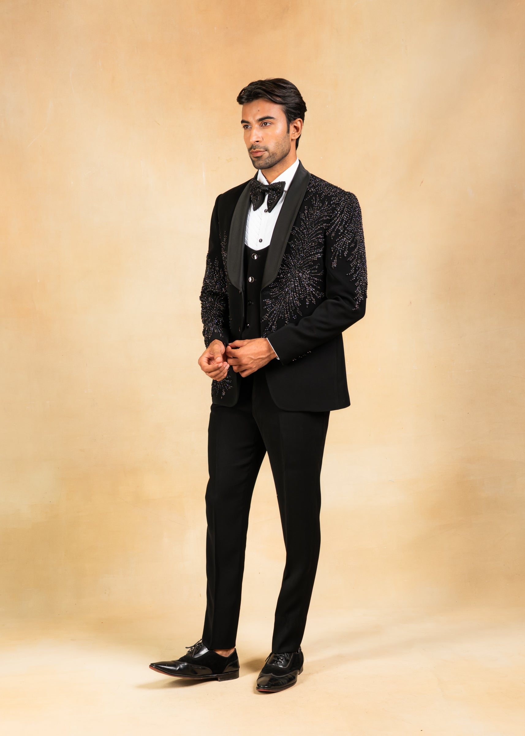 Black hand embroidered tuxedo suit