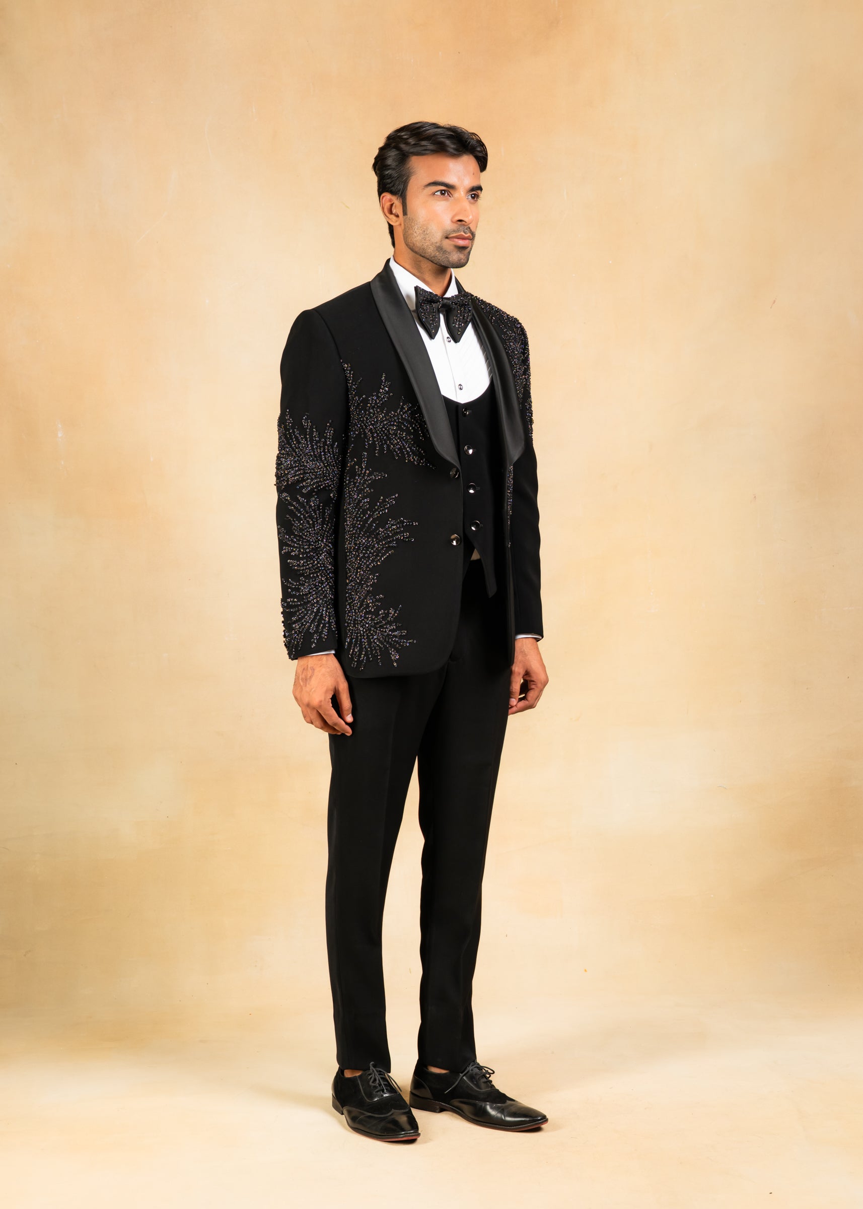 Black hand embroidered tuxedo suit