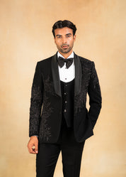 Black hand embroidered tuxedo suit