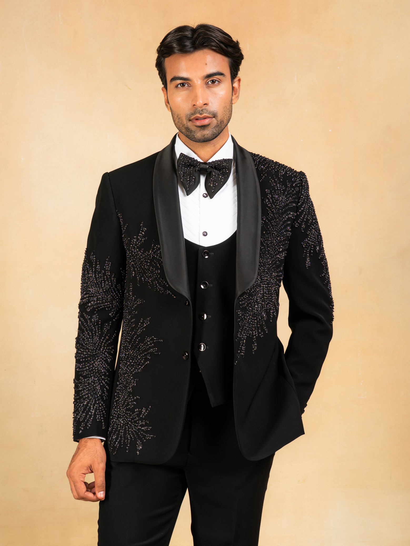 Black hand embroidered tuxedo suit