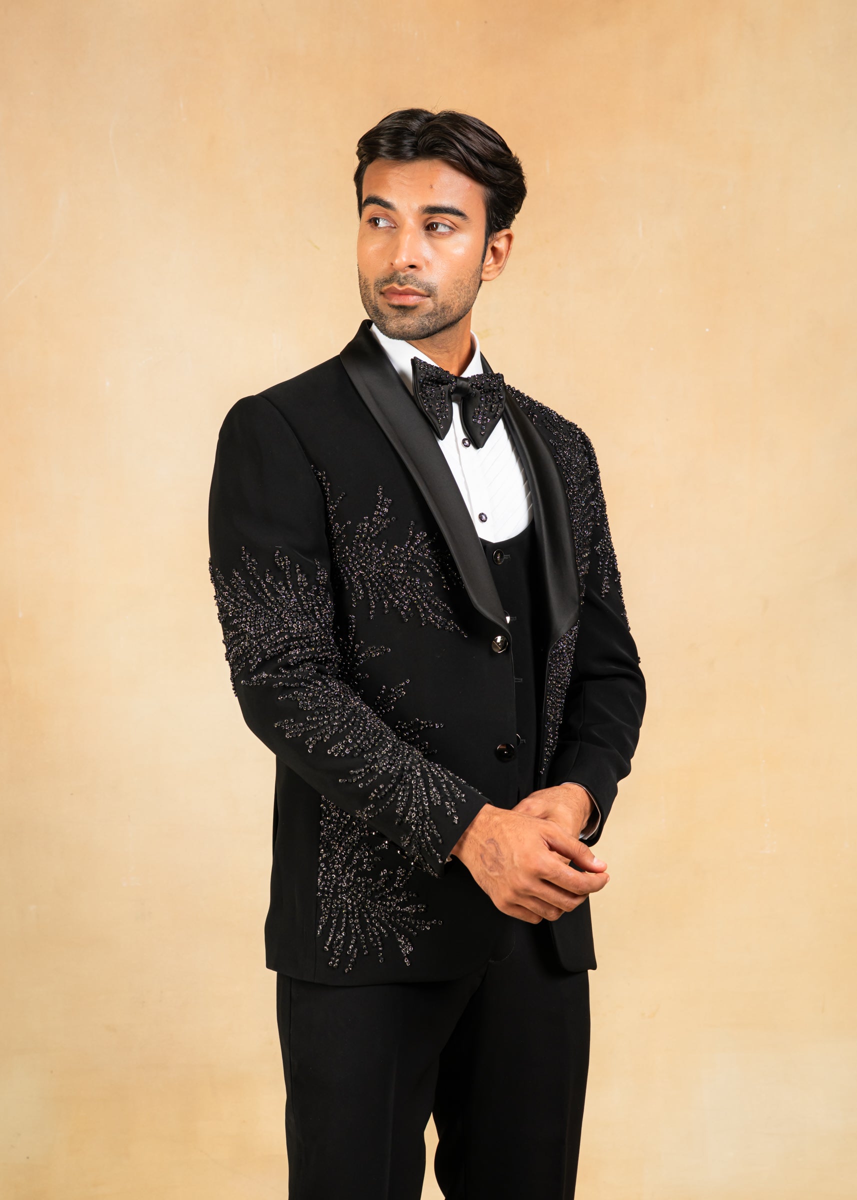 Black hand embroidered tuxedo suit