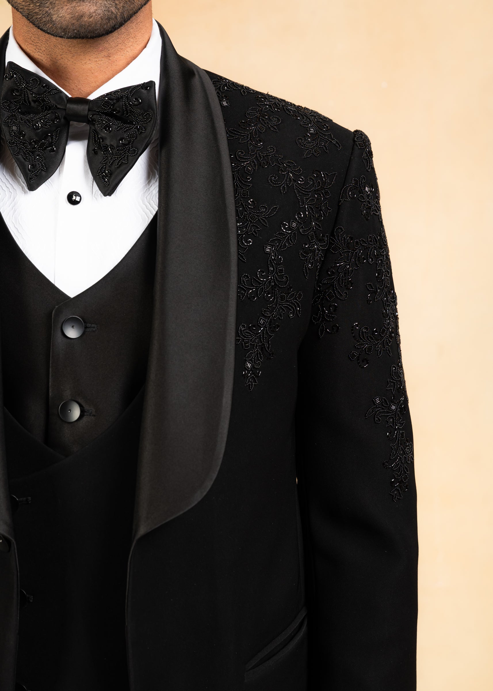 Black hand embroidered tuxedo with designer vest