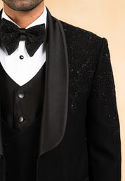 Black hand embroidered tuxedo with designer vest