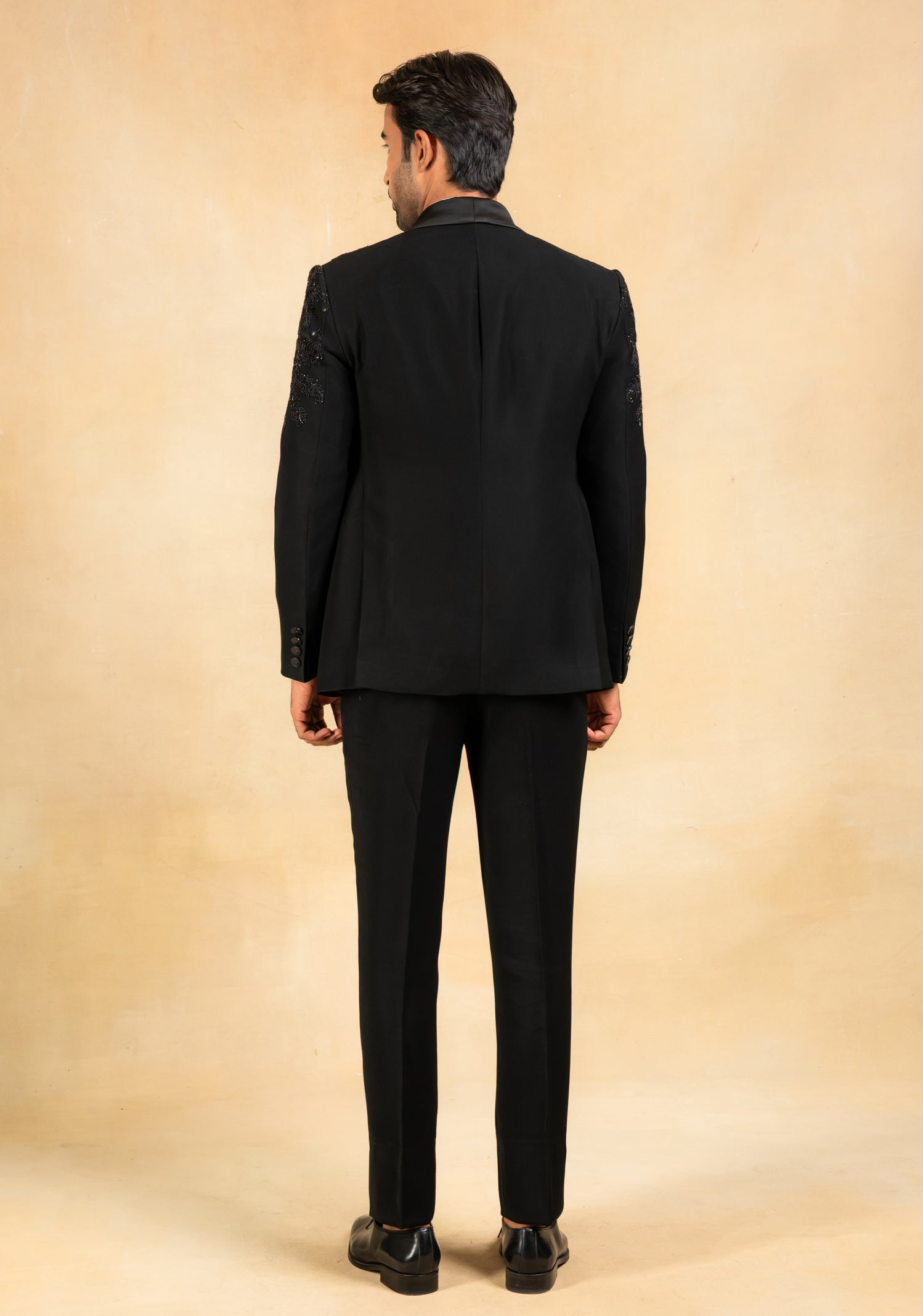 Black hand embroidered tuxedo with designer vest