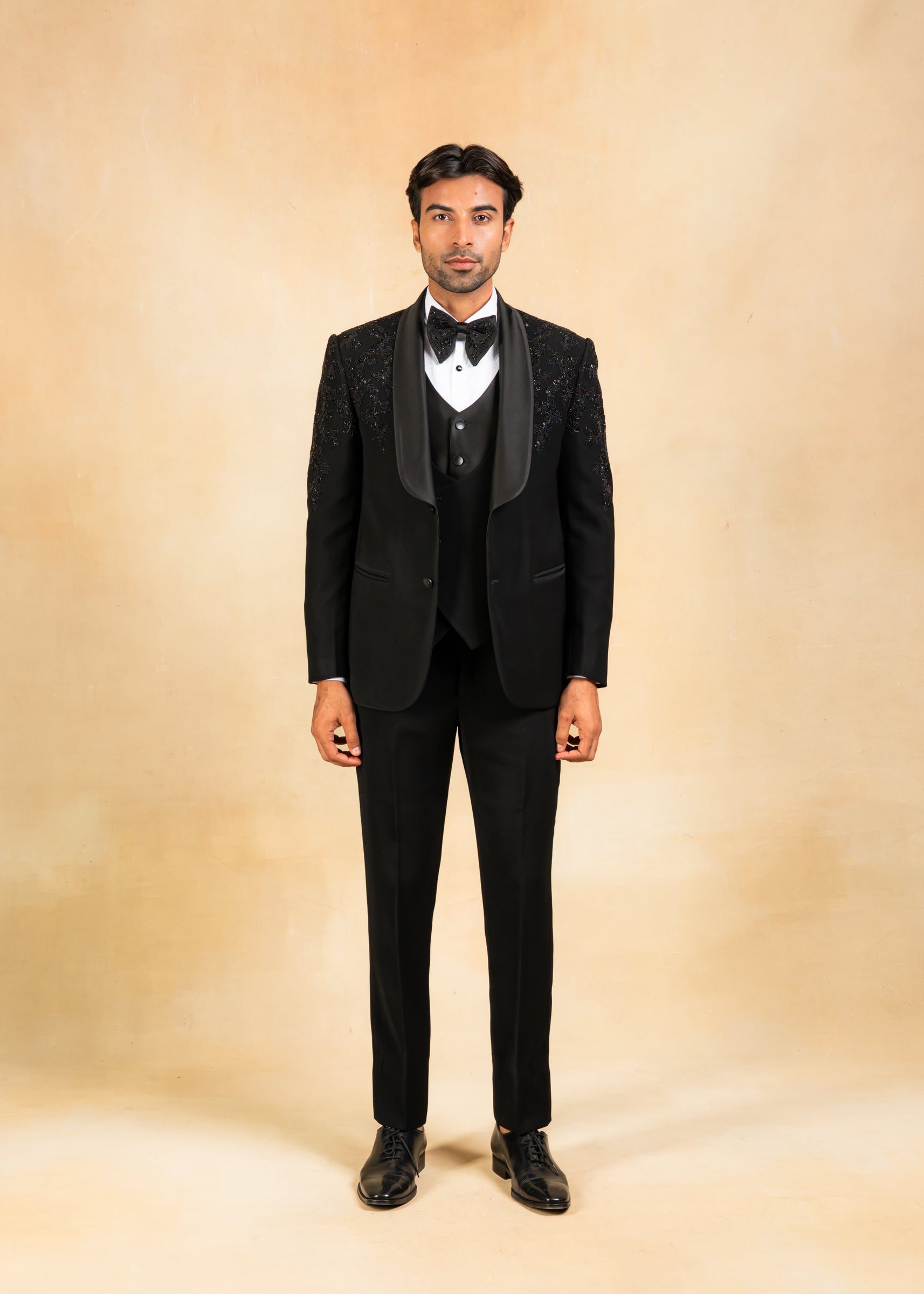 Black hand embroidered tuxedo with designer vest