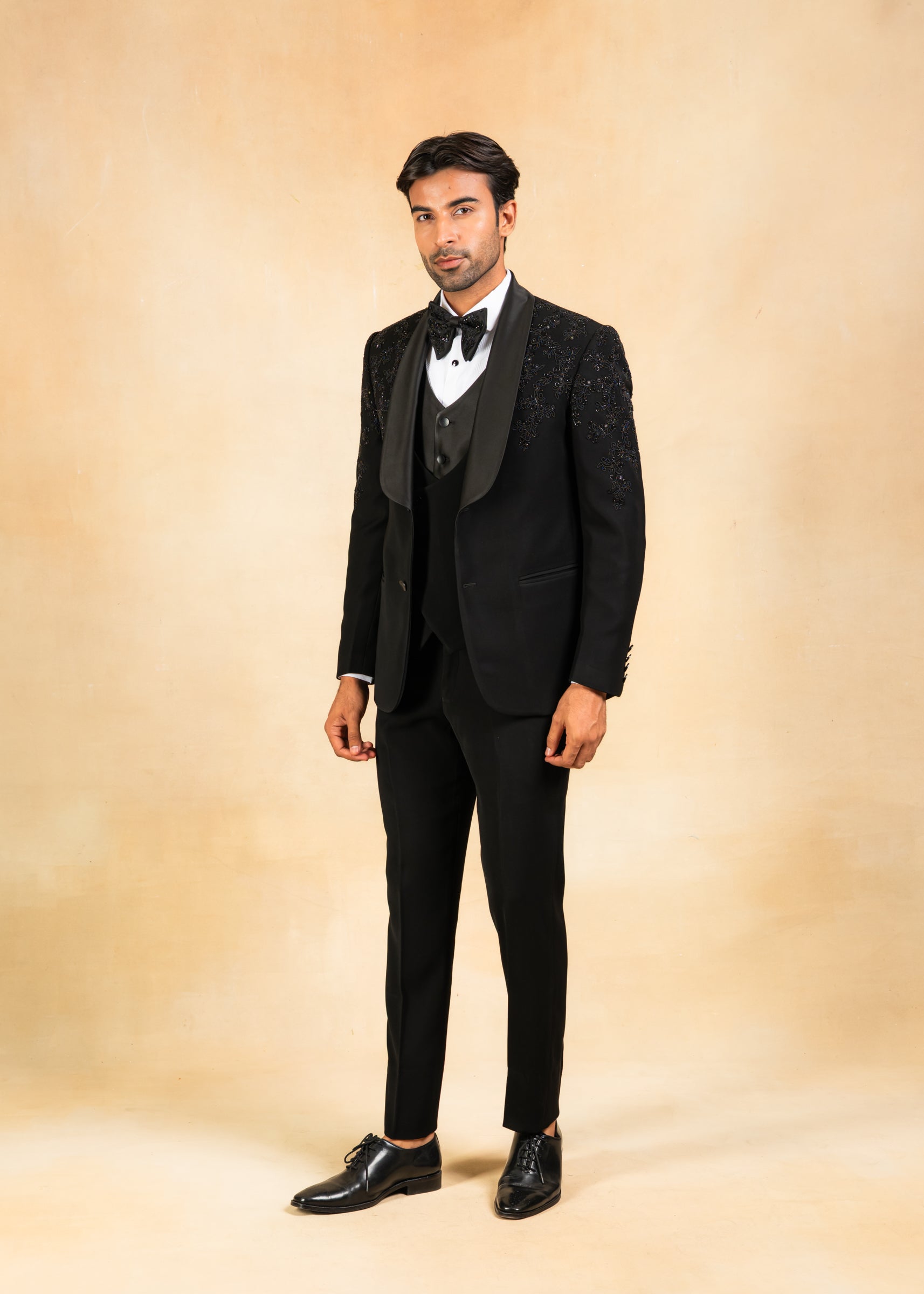 Black hand embroidered tuxedo with designer vest